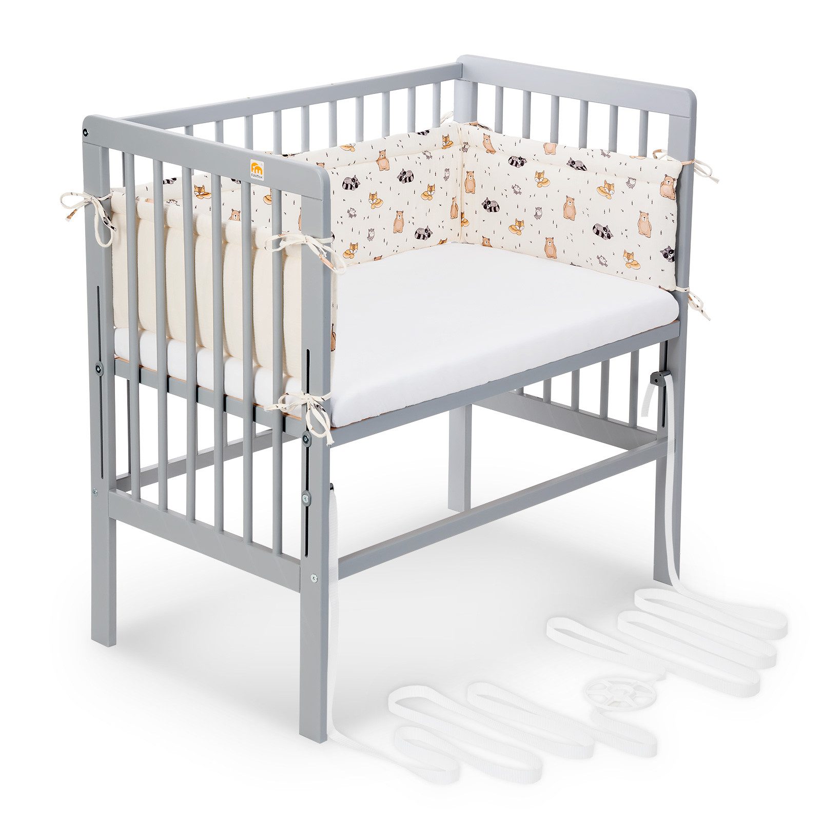 FabiMax Beistellbett Babybett Boxspring grau, 90 x 55 cm Liegefläche, aus Buchenholz, Stufenlos höhenverstellbar 40-73 cm, Holz-Lattenrost