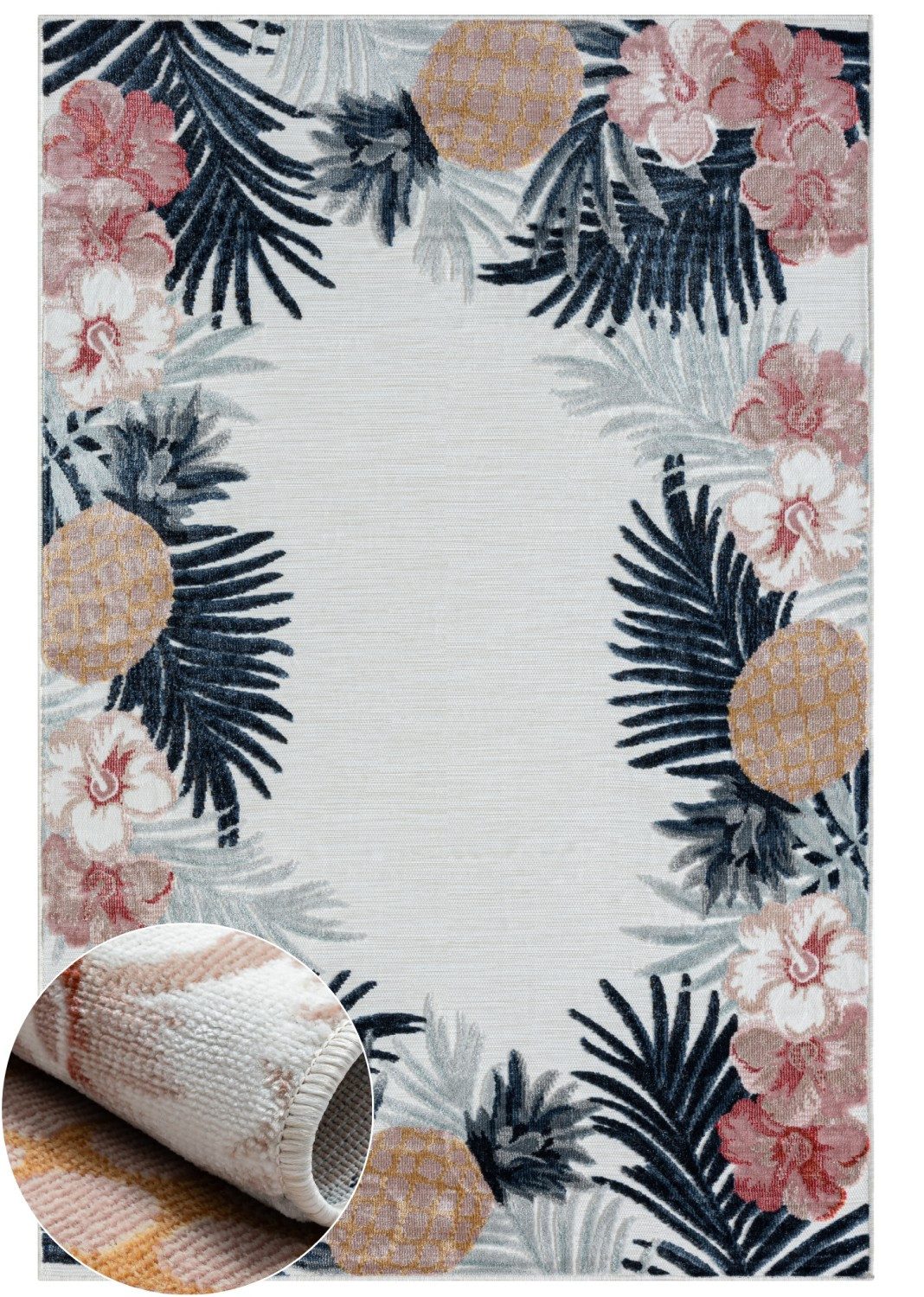 Wohnando Teppich MY-RUG Outdoor-Teppich "Heather" 150x80 cm, weiß, rechteckig, Höhe: 8 mm, mit floralem Hoch-Tief-Design, sommerlich erfrischendes Ananas-Design