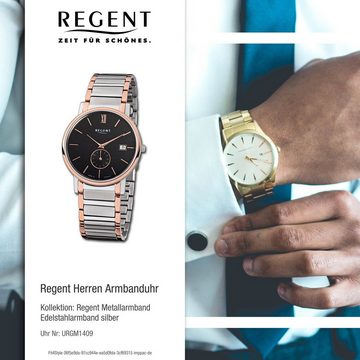 Regent Quarzuhr Regent Herren-Armbanduhr silber rosegold, (Analoguhr), Herren Armbanduhr rund, mittel (ca. 38mm), Edelstahlarmband