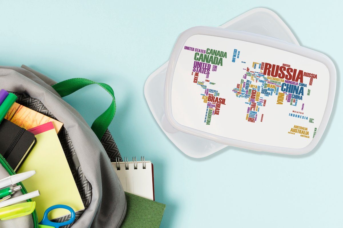 MuchoWow Lunchbox Weltkarte für Kinder Erwachsene, und Buchstaben Jungs Brotdose, Kunststoff, Kinder Mädchen weiß Mädchen, Farben - und - (2-tlg), - für Brotbox 