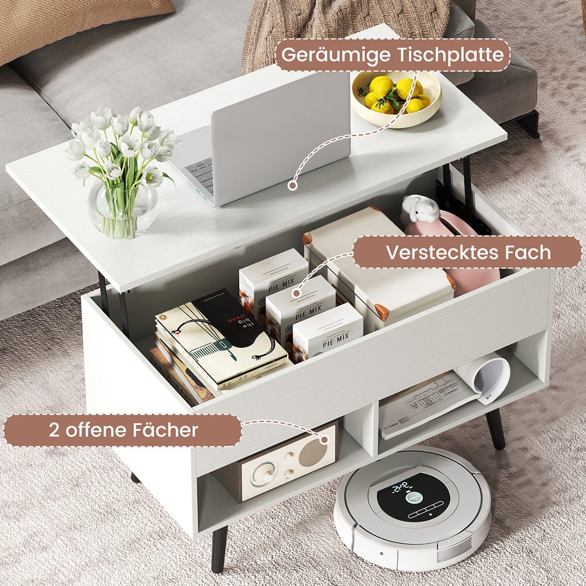 COSTWAY Couchtisch, höhenverstellbar, Stauraum mit 2 Fächern, 80x40x44,5-85 günstig online kaufen