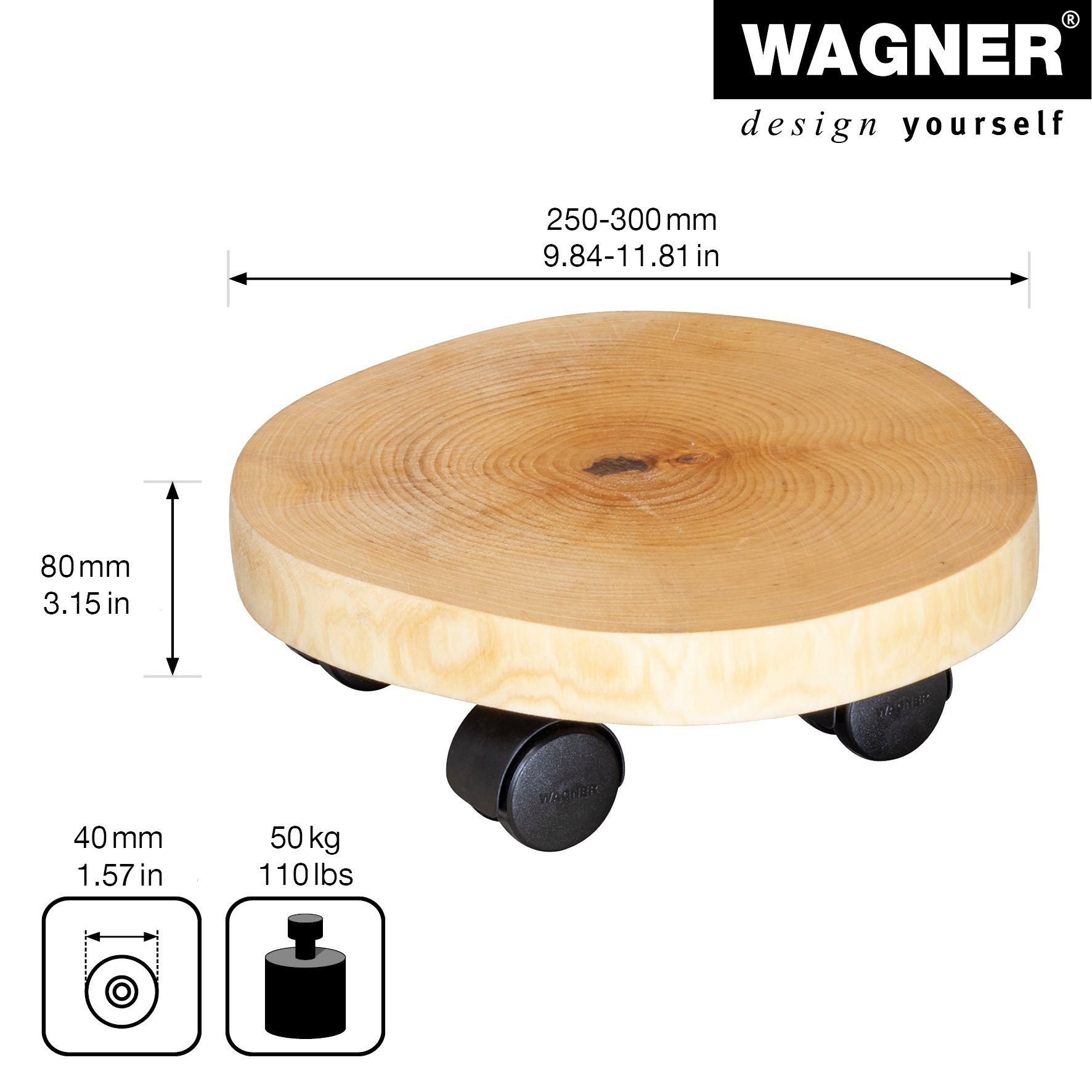 WAGNER design yourself Pflanzenroller BAUMSTAMM UNIKAT Ø 25-30 x 8 cm I für Innenbereich I rund I aus FSC® zertifiziertem Erlenholz, natur, geölt I Tragkraft 100 kg - Made in EU