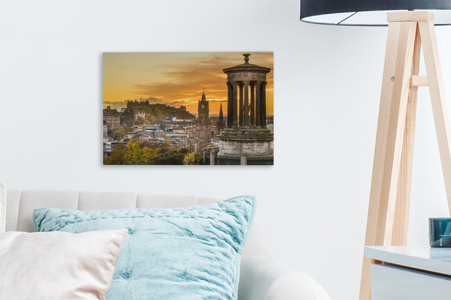 OneMillionCanvasses® Leinwandbild Architektur - Aufhängefertig, 30x20 Wanddeko, - Wandbild St), Sonne Edinburgh, (1 Leinwandbilder, cm