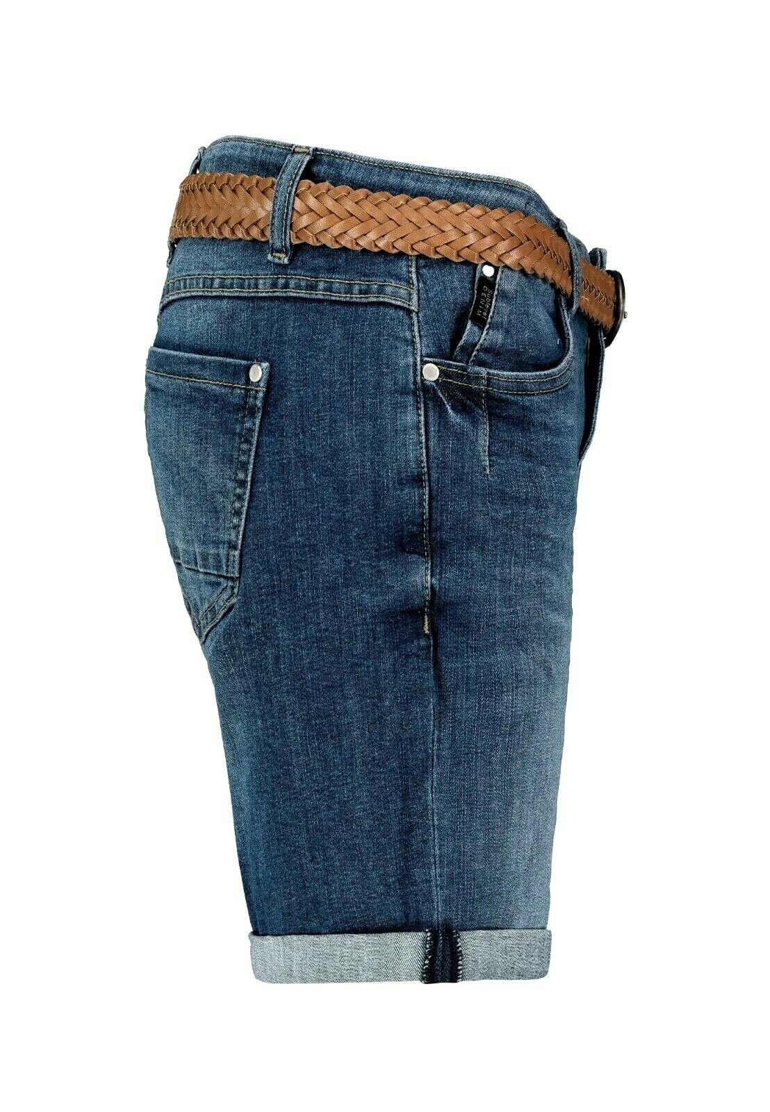 Sublevel Bermuda Donna In Denim Elasticizzato, Cargo Con Risvolto E Cintura Intrecciata, Look Usato - 3