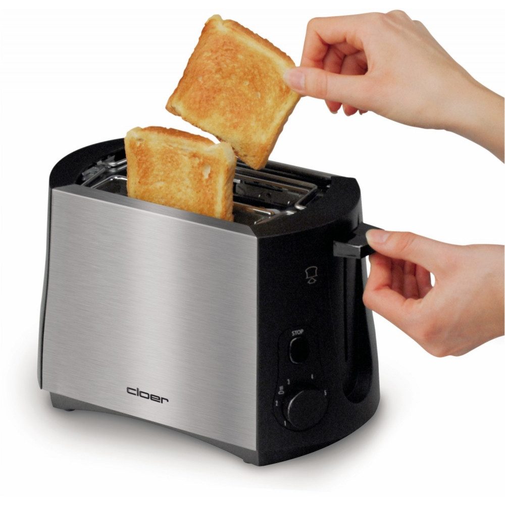 Cloer Toaster Cloer 3419 Toaster Edelstahl/Schwarz für 2 Toastscheiben., Parallelschlitz-Toaster, für Brötchen-Aufsatz integriert