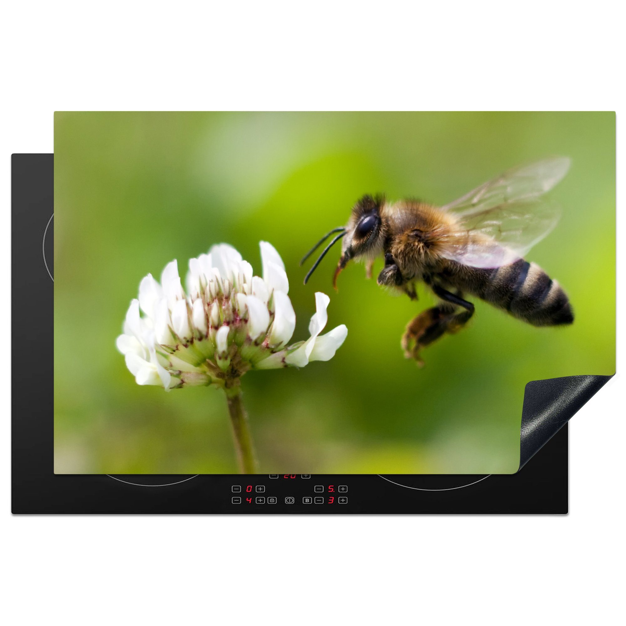 Herdblende-/Abdeckplatte (1 Ceranfeldabdeckung MuchoWow 81x52 tlg), Vinyl, Schutz Induktionskochfeld cm, einer küche, für weißen einer die Nahaufnahme Biene Blume, mit