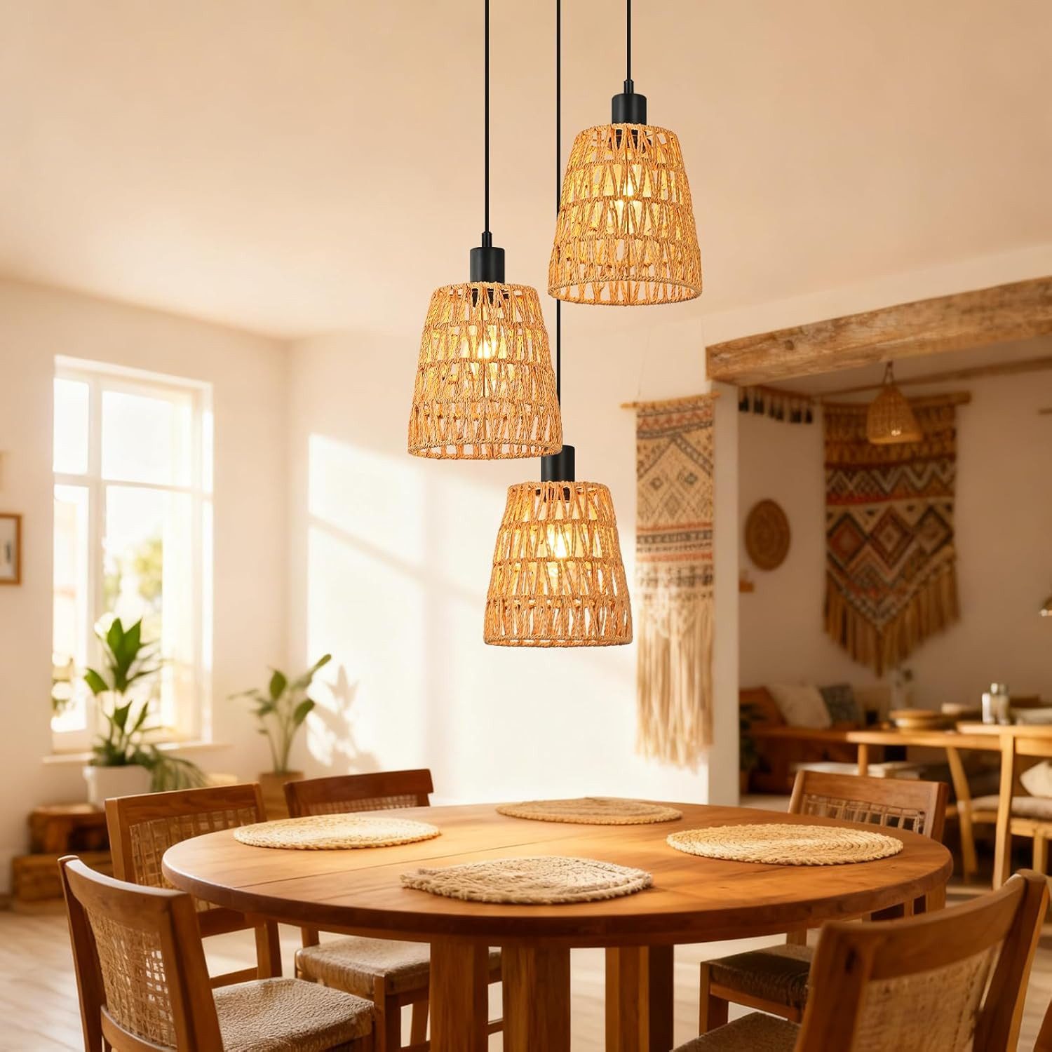 Nettlife Pendelleuchte Retro Boho Hängelampe Rattan höhenverstellbar 1/3 fl günstig online kaufen