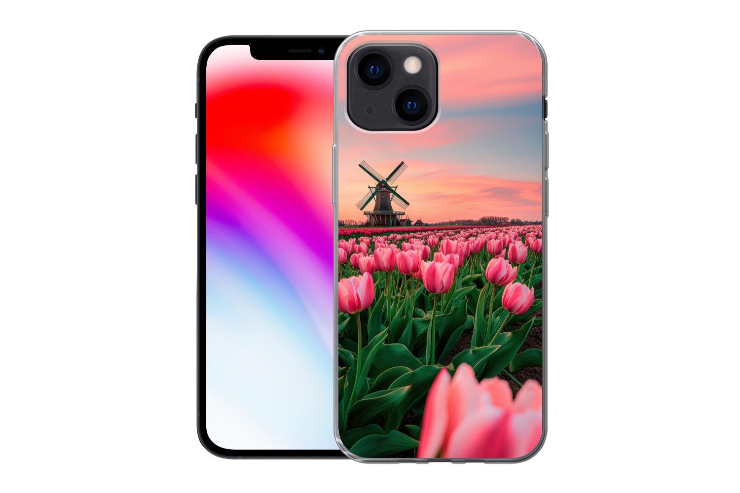 MuchoWow Handyhülle für Apple iPhone 13 mini Tulpen - Mühle - Niederlande, Smartphone-Bumper, Print, Handy Schutzhülle Dünn