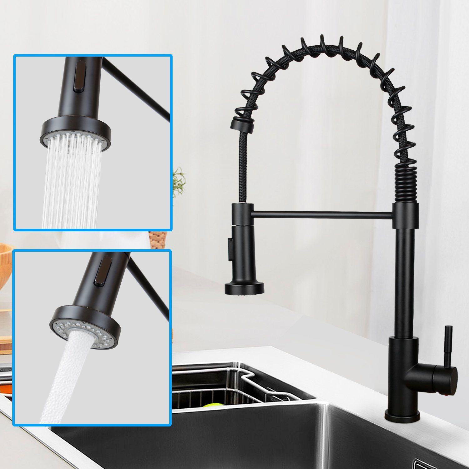 ZMH Küchenarmatur Hochdruck ausziehbar brause schwarz Schwenkbar Wasserhahn