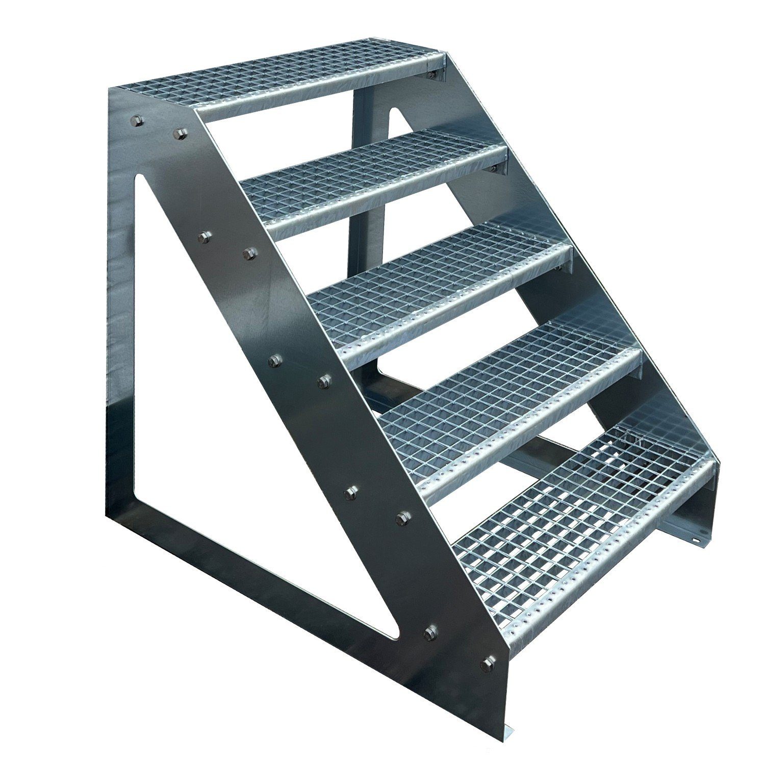 Kaminbau Mierzwa Außentreppe Premium Treppe Verzinkt mit oder ohne Geländer, für Geschosshöhen bis 95.00 cm, Stufen Gitterroststufen nach DIN 24531, (Höhe 95 cm, Stufenbreite und Geländerart wählbar), Gartentreppe Stahltreppe Wetterfest Rostfrei Feuer-Verzinkt Rutschfest