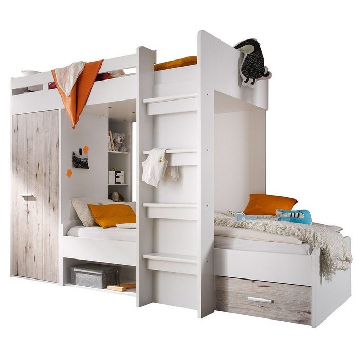 Kindermöbel 24 Etagenbett Etagenbett Nils weiß-grau inkl Kleiderschrank + Zubehör
