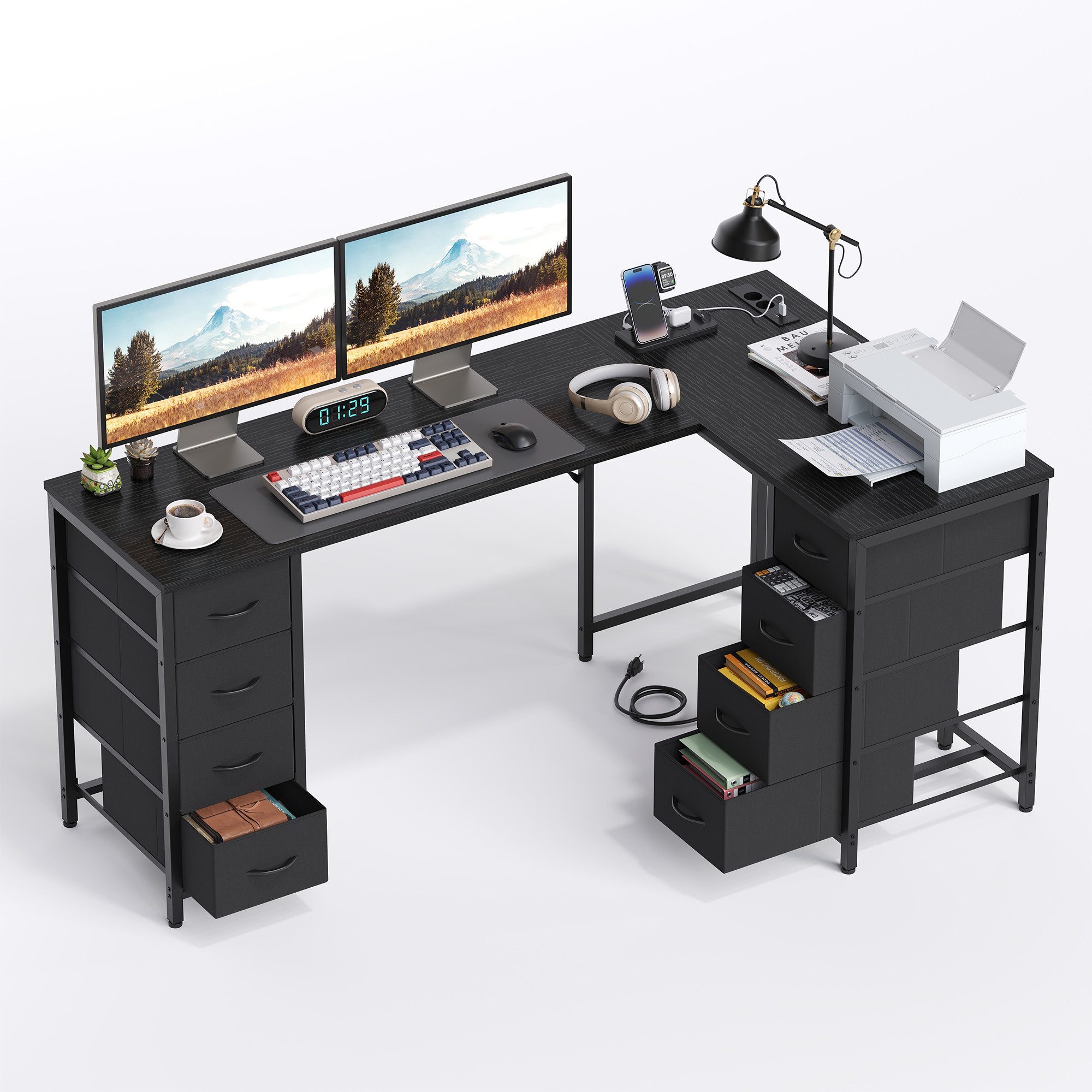 YOUDENOVA Schreibtisch Reversibler L-Form-Eckschreibtisch, Computertisch, Gamingtisch (1-St), mit 8 Stoffschubladen, Steckdosen & USB-Ladeanschlüssen