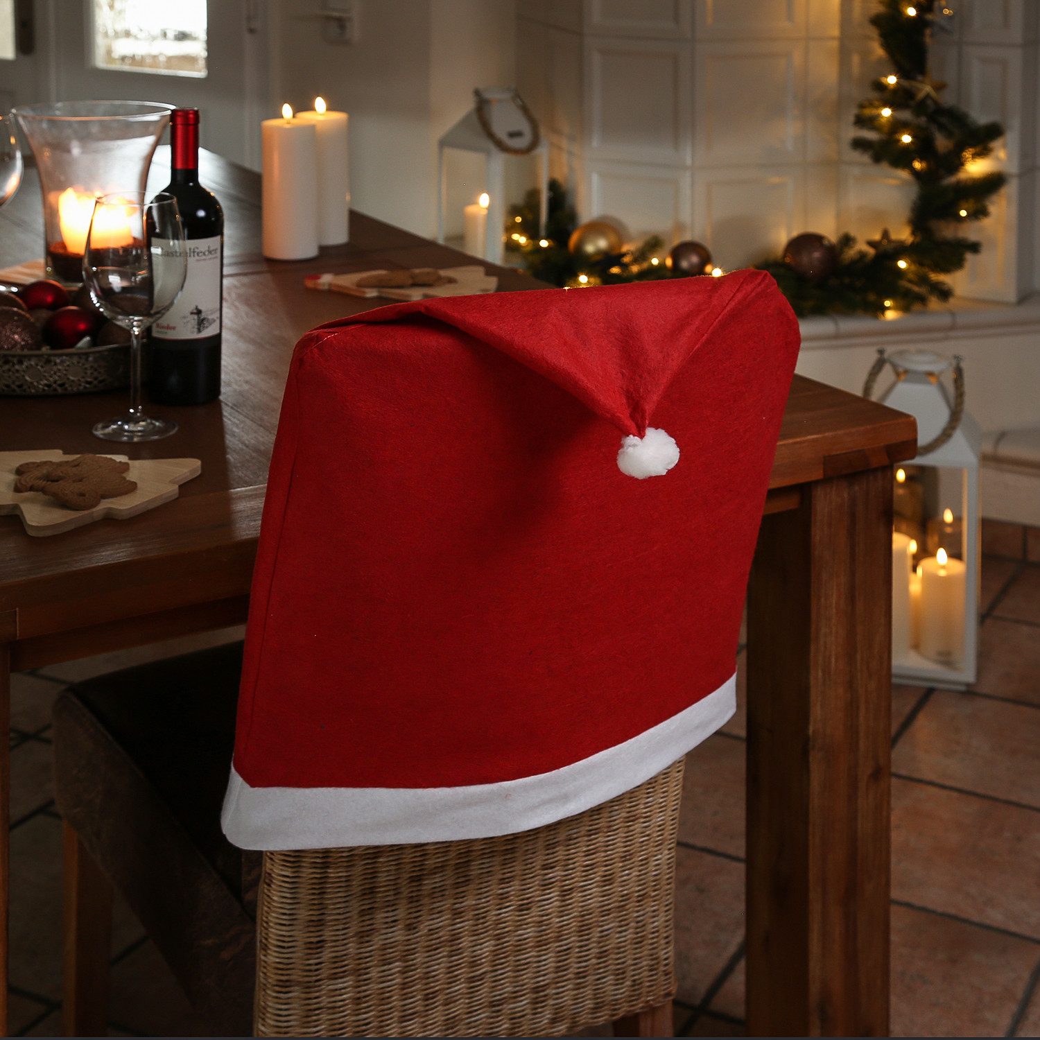 MARELIDA Stuhlhusse 2x Stuhlbezug Weihnachtsmütze Nikolausmütze Weihnachtsstuhlüberzug