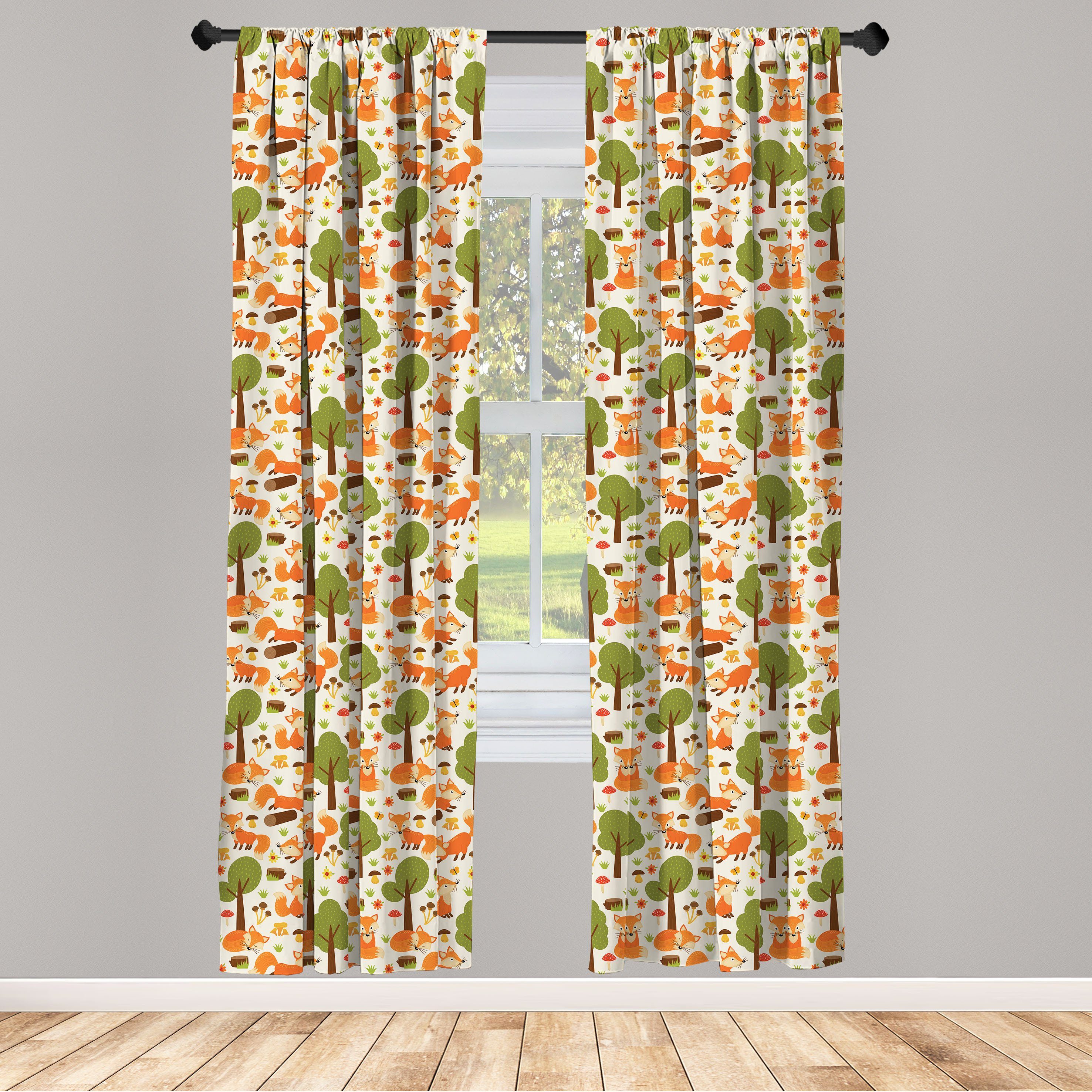 Gardine Vorhang für Wohnzimmer Schlafzimmer Microfaser, Wildlife Fuchs Dekor, Frühlings-Wald Abakuhaus