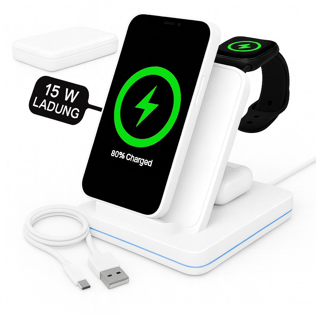 Alpha Electronics Kabelloses Ladegerät 3in1 Wireless Charger Induktions-Ladegerät (1500 mA, Spar-Set, 2-tlg., Universelle QI Kompatibilität, Ladestation für iPhone 17/16/15 für Apple Watch Ultra 10 9 8 Air Pods)