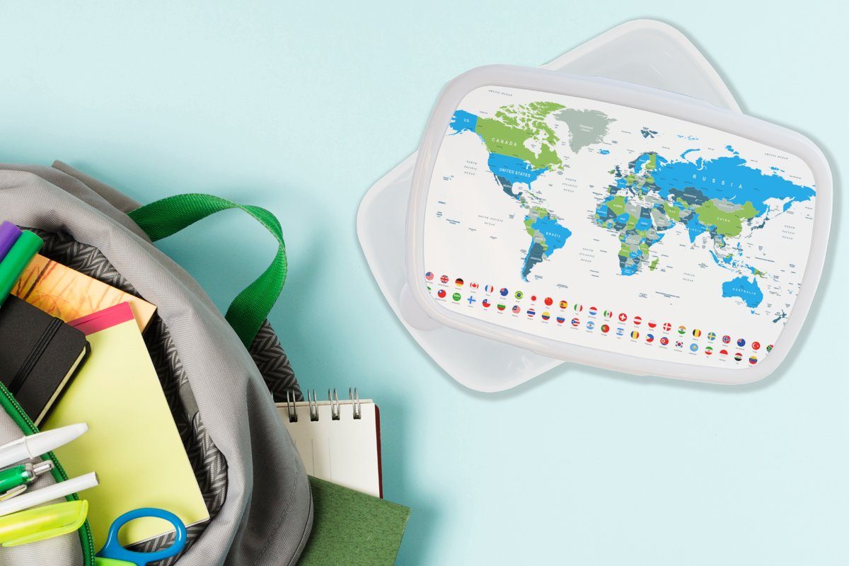 MuchoWow Lunchbox Weltkarte - Flagge für Grün, Kunststoff, Brotdose, für Erwachsene, - Blau und - Kinder (2-tlg), und Brotbox Jungs Mädchen weiß