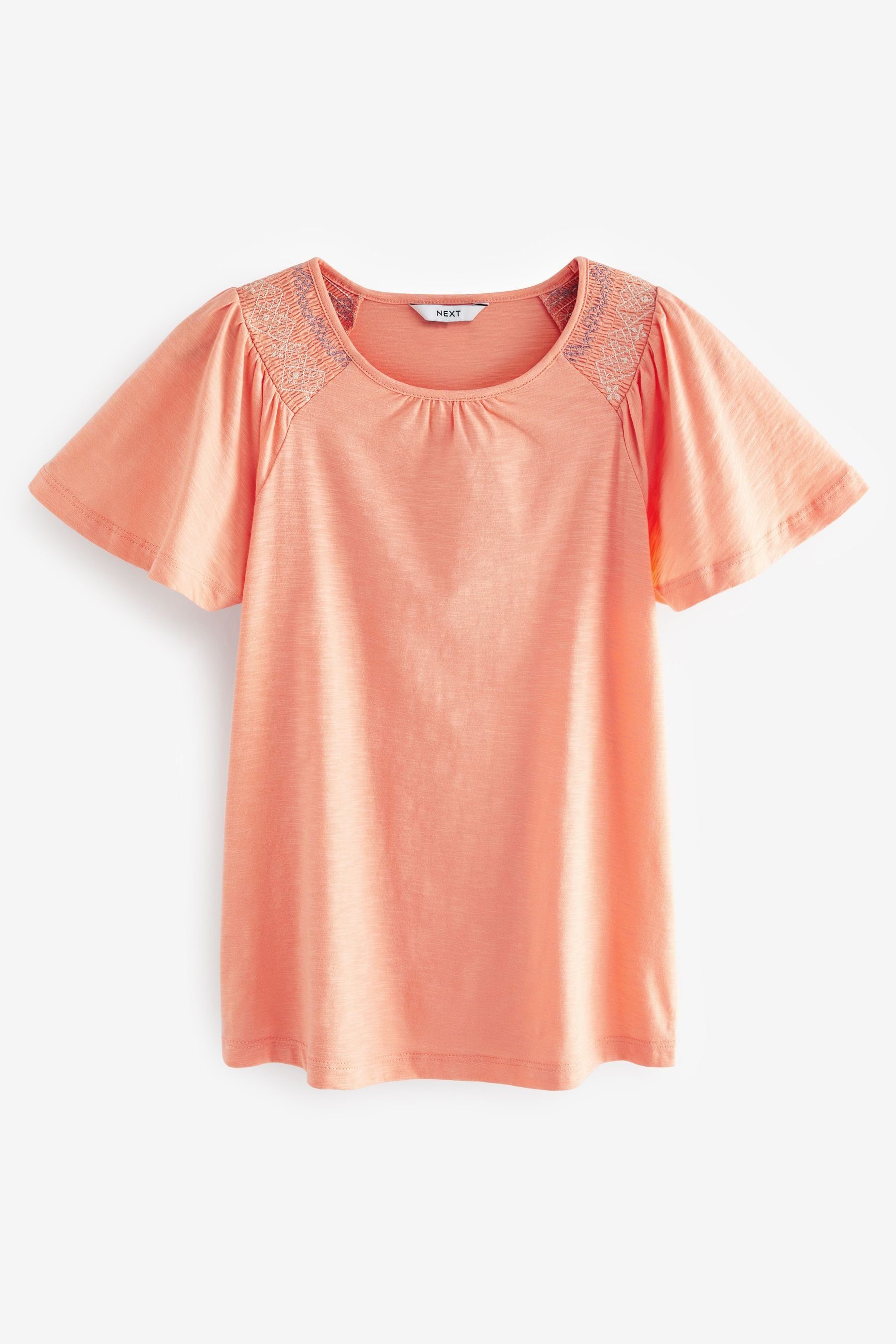 Kurzarm-Top Next Pink Ausschnitt rundem T-Shirt (1-tlg) mit Gesmoktes Coral