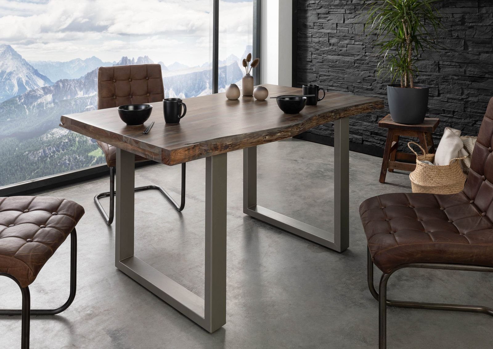 Massivmoebel24 Baumkantentisch FREEFORM (Massivholz, Massivholztisch), Baumtisch Akazie 140x90x77 grau / U-Beine silber FREEFORM 5