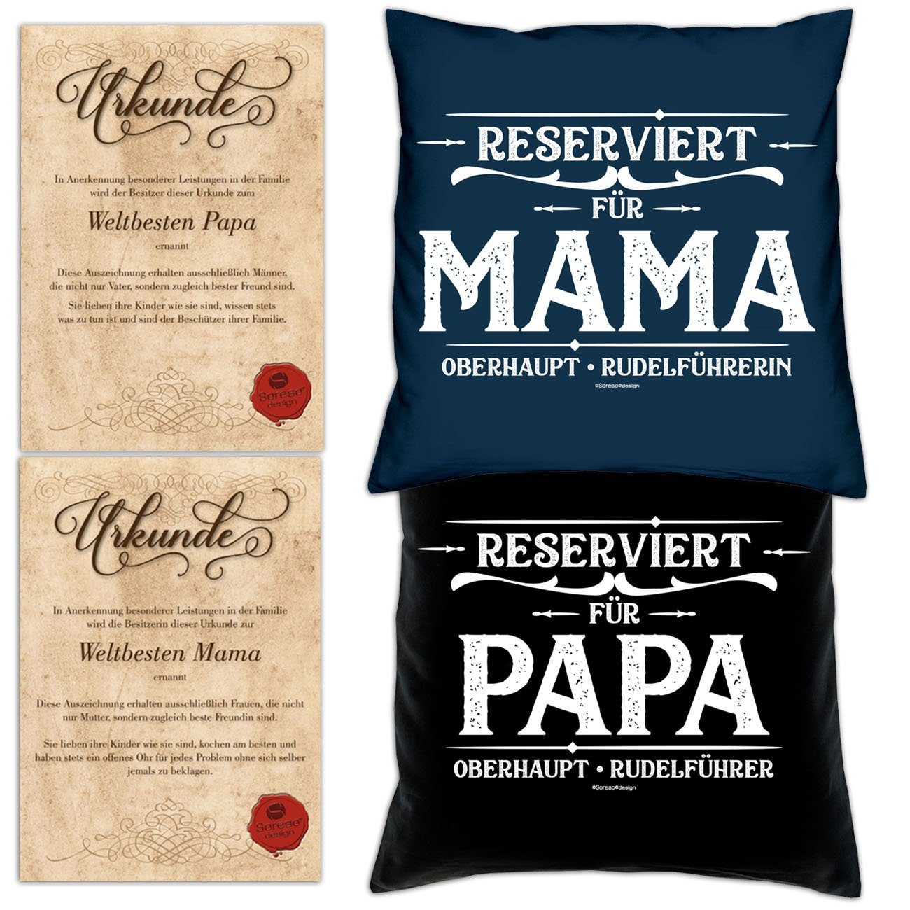 für Vatertagsgeschenk mit navy-blau Reserviert für Mama Urkunden, Papa Soreso® Muttertagsgeschenk Dekokissen Reserviert Kissen-Set