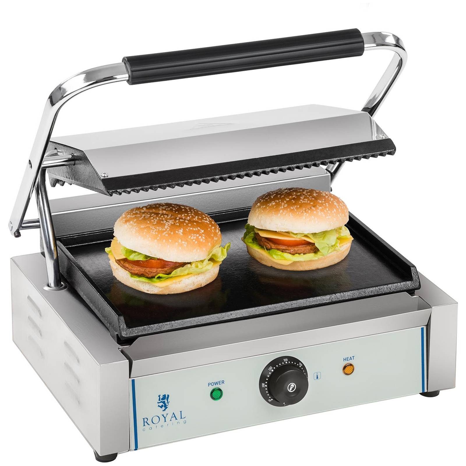 Royal Catering Kontaktgrill Elektro Panini Toaster geriffelt + glatt Gastro 34 x 22cm 2200 W Grill, 2200 W