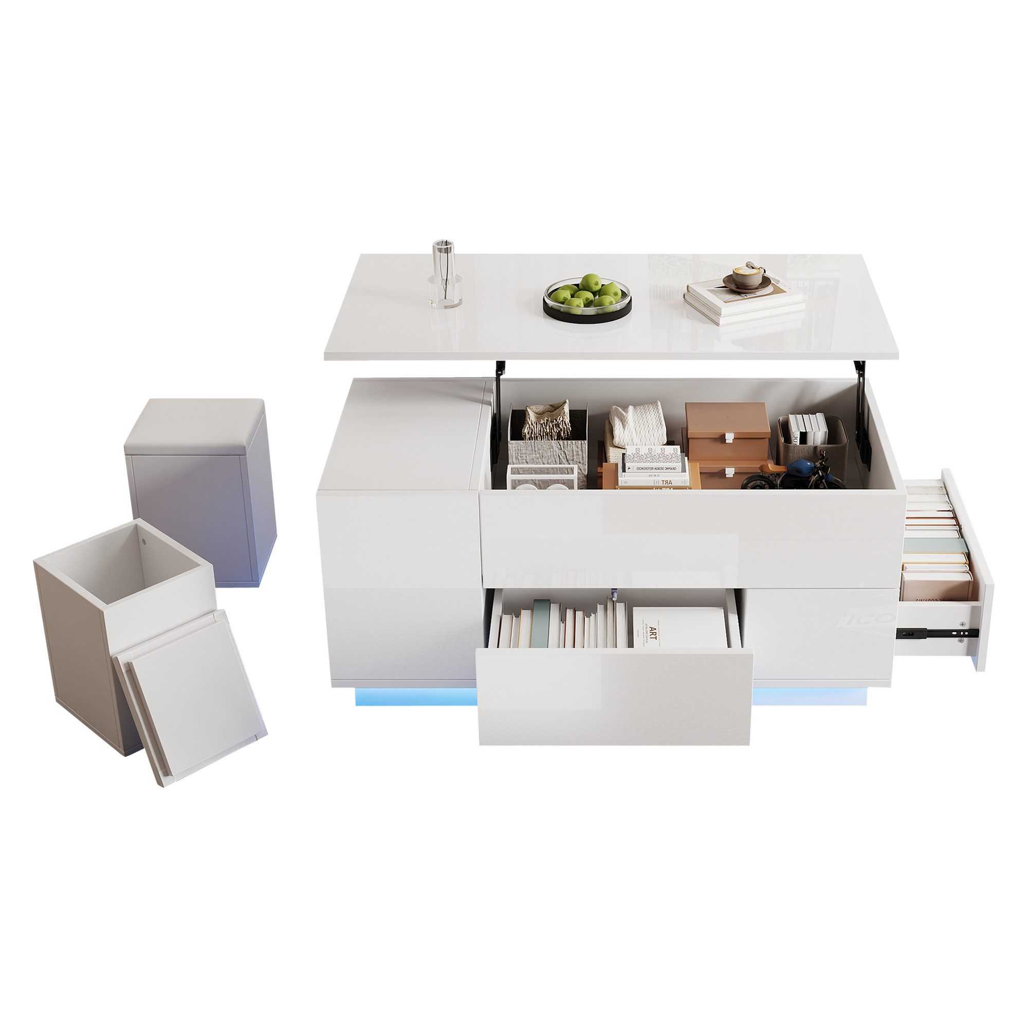 KLAM HOME Couchtisch Höhenverstellbarer LED-Couchtisch Weiß mit 2 Hockern (Hochglanz Sofatisch mit 2 Schubladen & Stauraum), Multifunktionaler Wohnzimmertisch bis 50kg Tragkraft