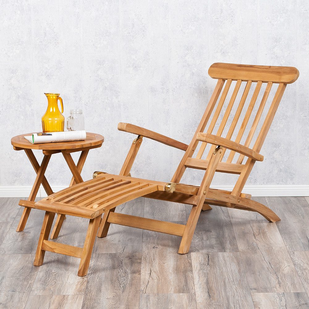 LebensWohnArt Gartenliege Teak Liegestuhl KURSI Teak Sonnenliege Deckchair – Bild 5 von 5