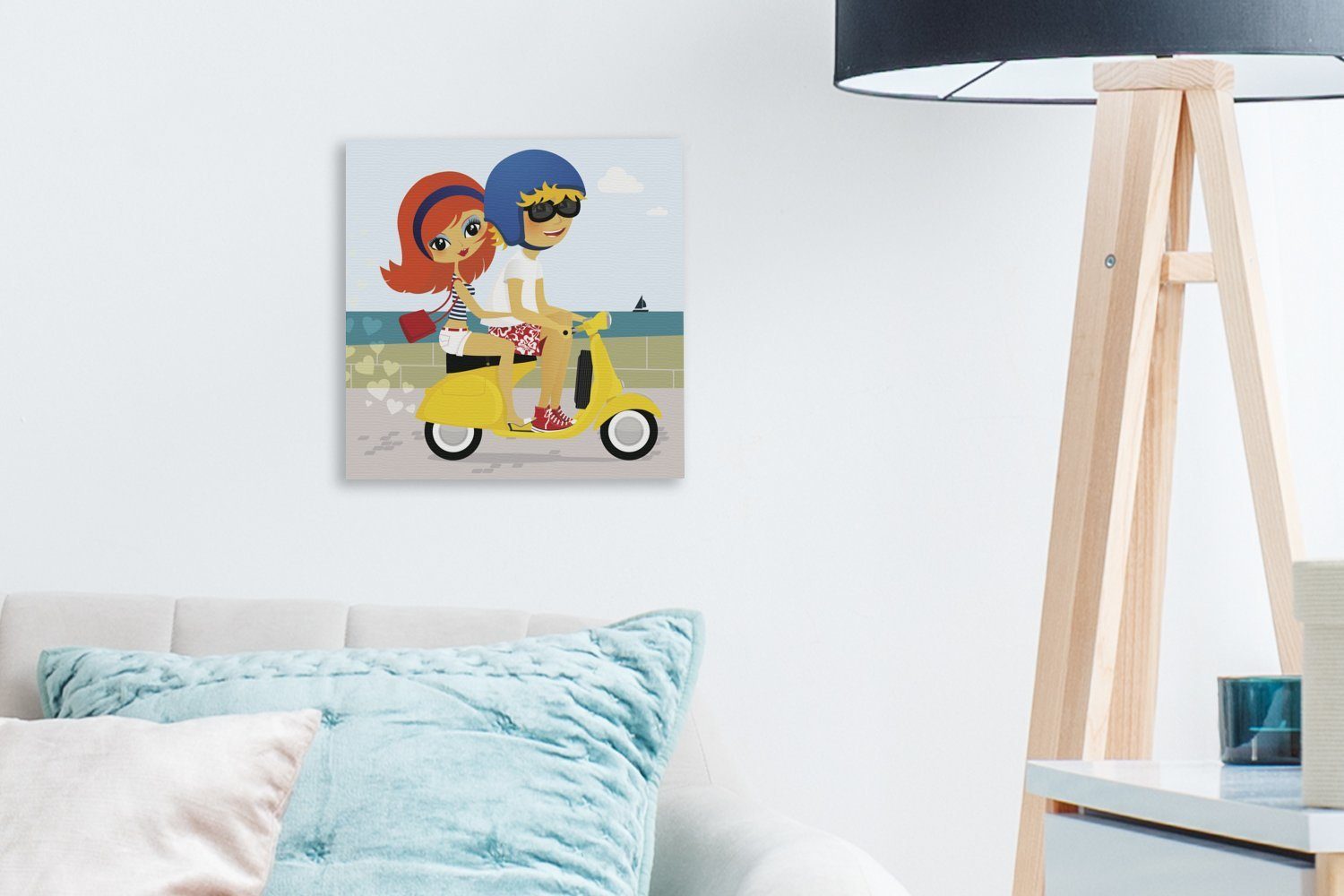 von OneMillionCanvasses® Leinwandbild Leinwand Personen Schlafzimmer zwei Illustration St), einem Vespa-Roller, für (1 Bilder Wohnzimmer auf