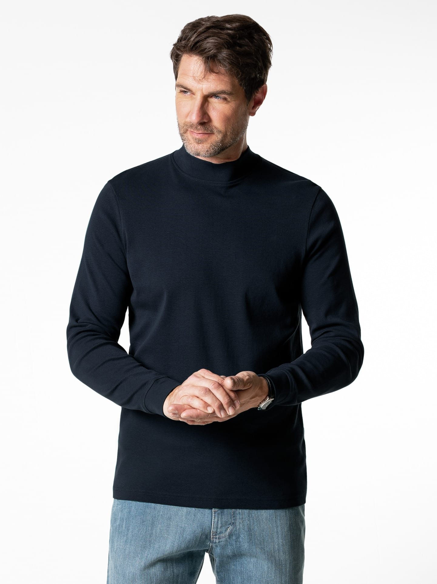 Walbusch Langarmshirt Herren Langarmshirt mit Stehkragen Rippenstrick Baumwolle, wärmend