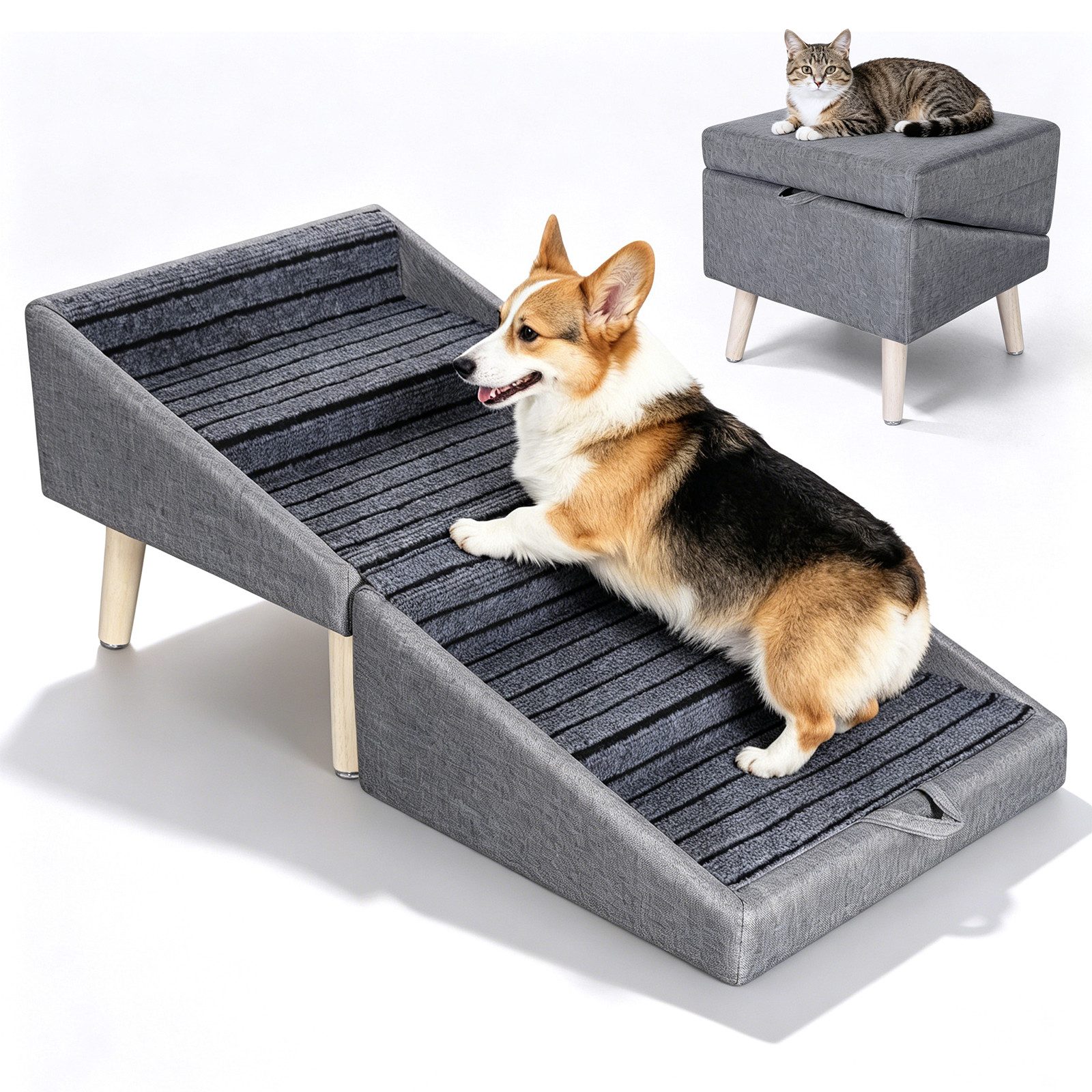 BlingBin Haustiertreppe Hunde Treppe für kleine Hunde und Katzen 2-in-1-Trittleiter (1 Stück, 1-St., 40*41CM), Klappbare Holz Haustier Schritte,rutschfeste Holztreppe