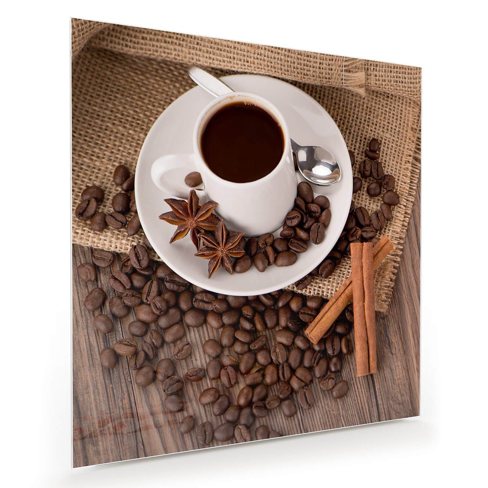 Glasbild Wandbild Quadratisch Zimtstangen und Kaffeetasse mit Aufhängung