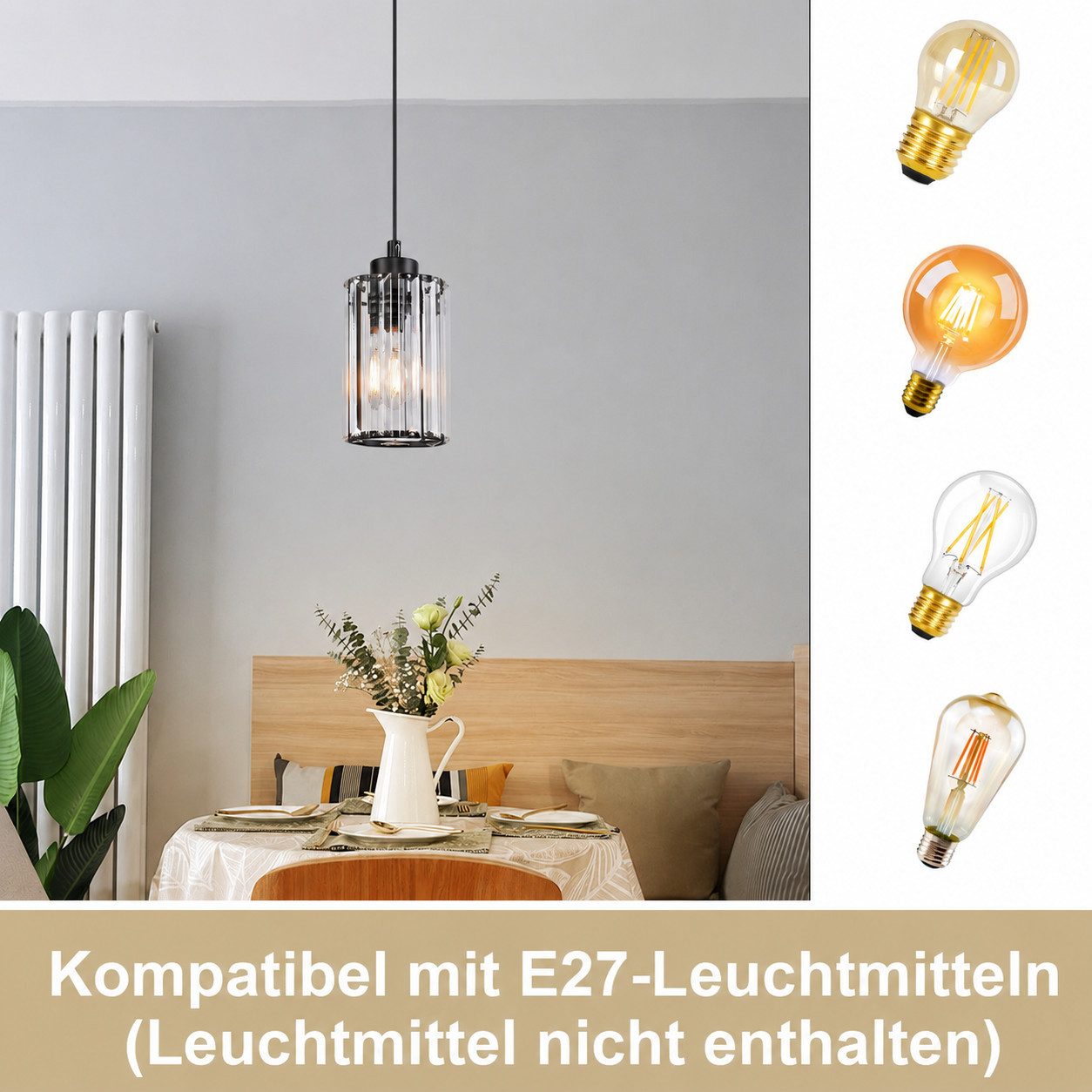 Nettlife Pendelleuchte Kristall Esstisch Schwarz Modern 1/3/4 Flammig E27 Hängeleuchte, LED wechselbar, Esszimmerlampe für Wohnzimmer Schlafzimmer Küche – Bild 2 von 5