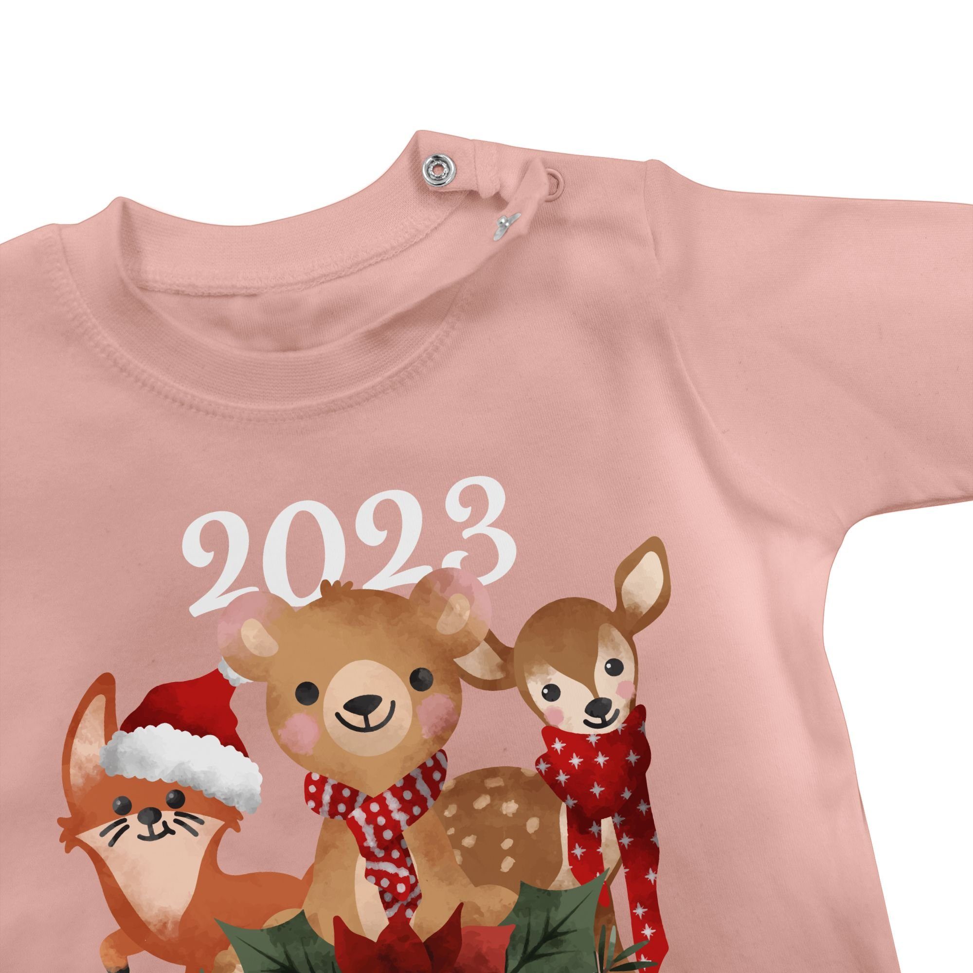 Mein Kleidung - Weihnachten 1 Babyrosa Shirtracer 2023 erstes weiß süßen Weihnachten T-Shirt mit Tieren Baby