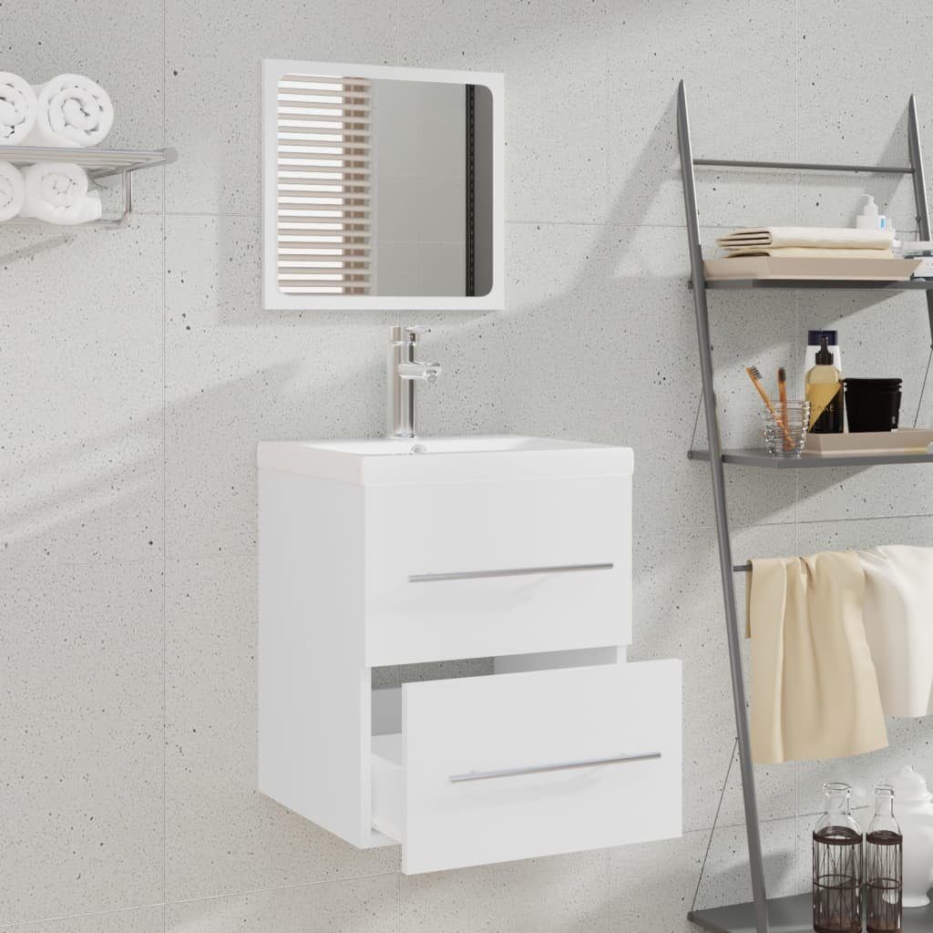 Waschbeckenunterschrank Holzwerkstoff (2-St) Badezimmerspiegelschrank vidaXL Einbaubecken mit Weiß