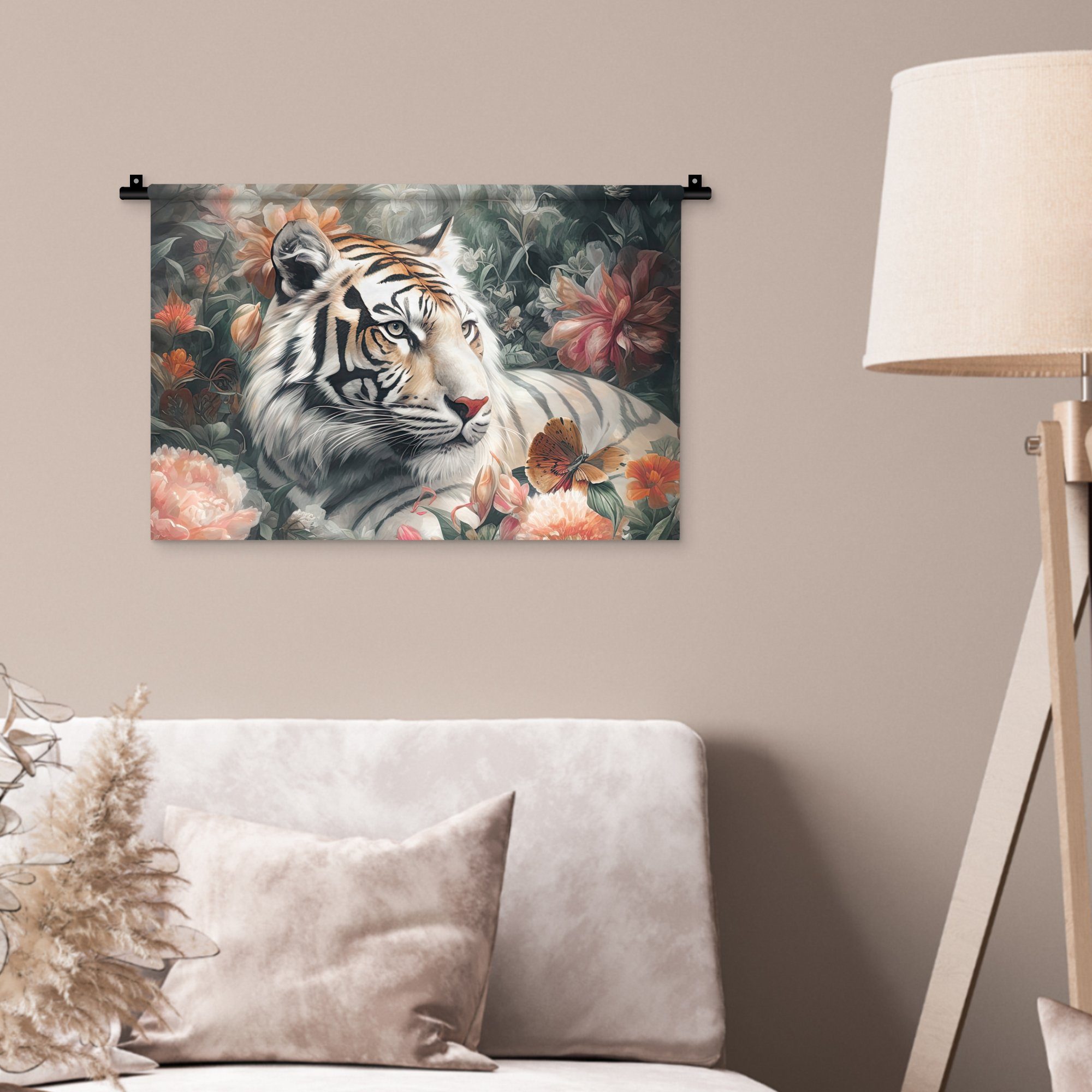 Wanddekoobjekt Wandbehang, Schlafzimmer, Dschungel, Wildtiere - Blumen für MuchoWow Wohnzimmer, - Tiger - Wanddeko Kleid, Kinderzimmer