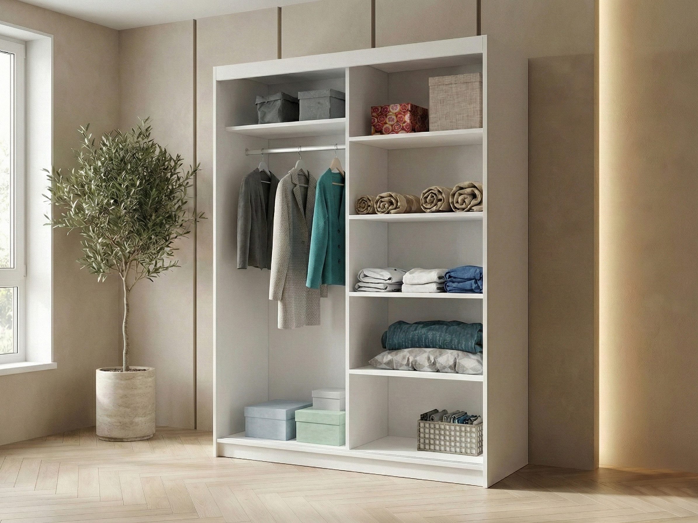 Beautysofa Kleiderschrank HELA moderner Kleiderschrank mit Spiegel (Schiebetürenschrank mit Kleiderstange und Regalböden, Schrank für Schlafzimmer, Flur & Ankleidezimmer) wahlweise ohne oder mit Schubkasteneinsätzen