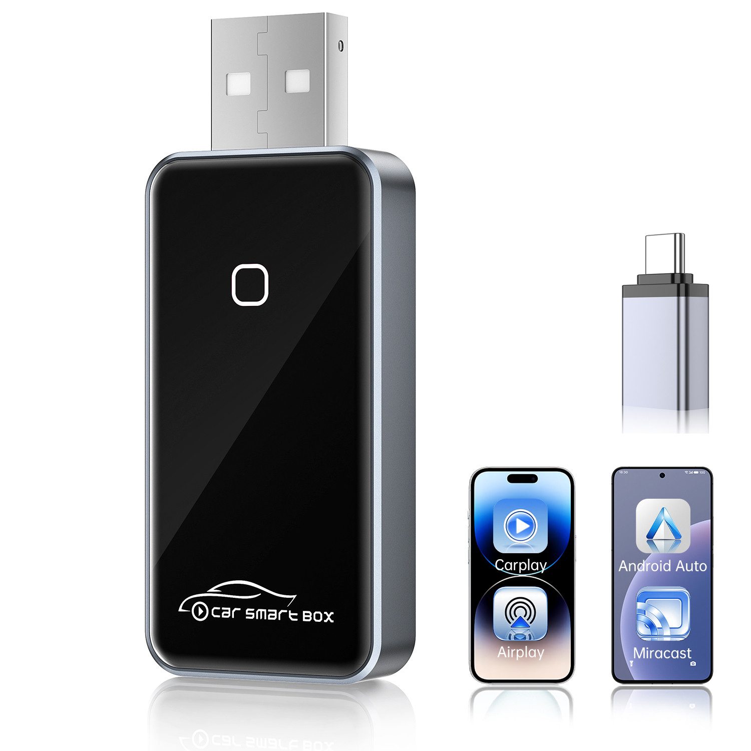 ibettertec 4-in-1-Adapter für kabelloses CarPlay, AirPlay, Dashcam (Android Auto und Android Miracast Auto, Kompatibel mit Android Miracast und Apple AirPlay, USB-A,Mit iPhone 6 and Android 11 and Above mit Wired CarPlay Autos)