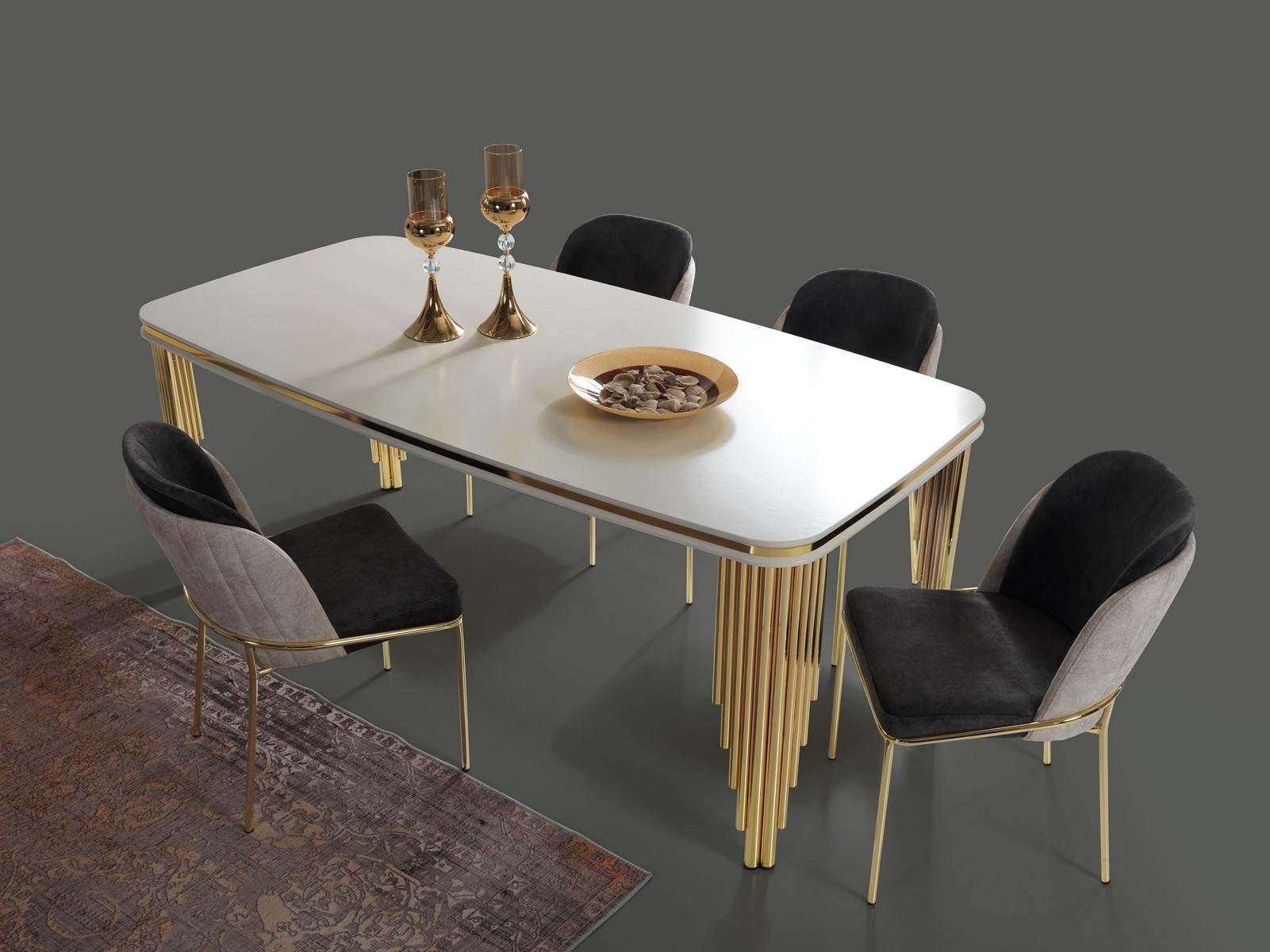 Gold Garnitur + 1x Stühle + JVmoebel in 4x Set Made Esstisch Stühle Weiß, Essgruppe 6tlg Esszimmer-Set 1x Esszimmer Sideboard), Europa (6-St., Esstisch