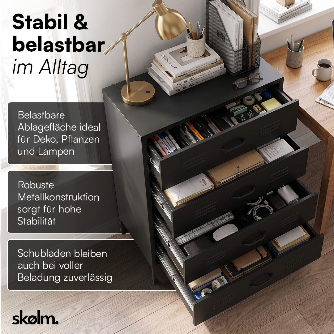 skølm Kommode Atria aus Metall (Schwarz), Sideboard mit 4 Schubladen, Metallschrank mit höhenverstellbaren Füßen – Bild 3 von 5