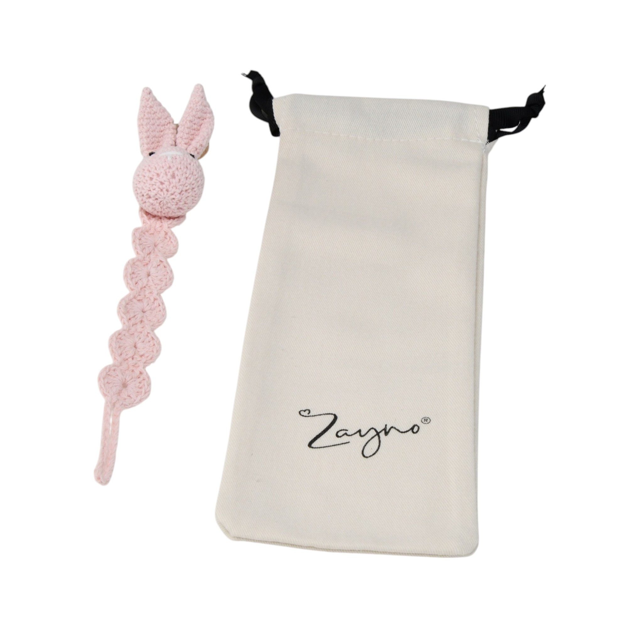 Zayno Schnullerbefestigung Handgemachte Schnullerkette "Hasi" in Rosa, (Packung, 1-tlg., Ermuntert, den Schnuller eigenständig zu greifen), Beeindruckt mit einem zeitlosen Design