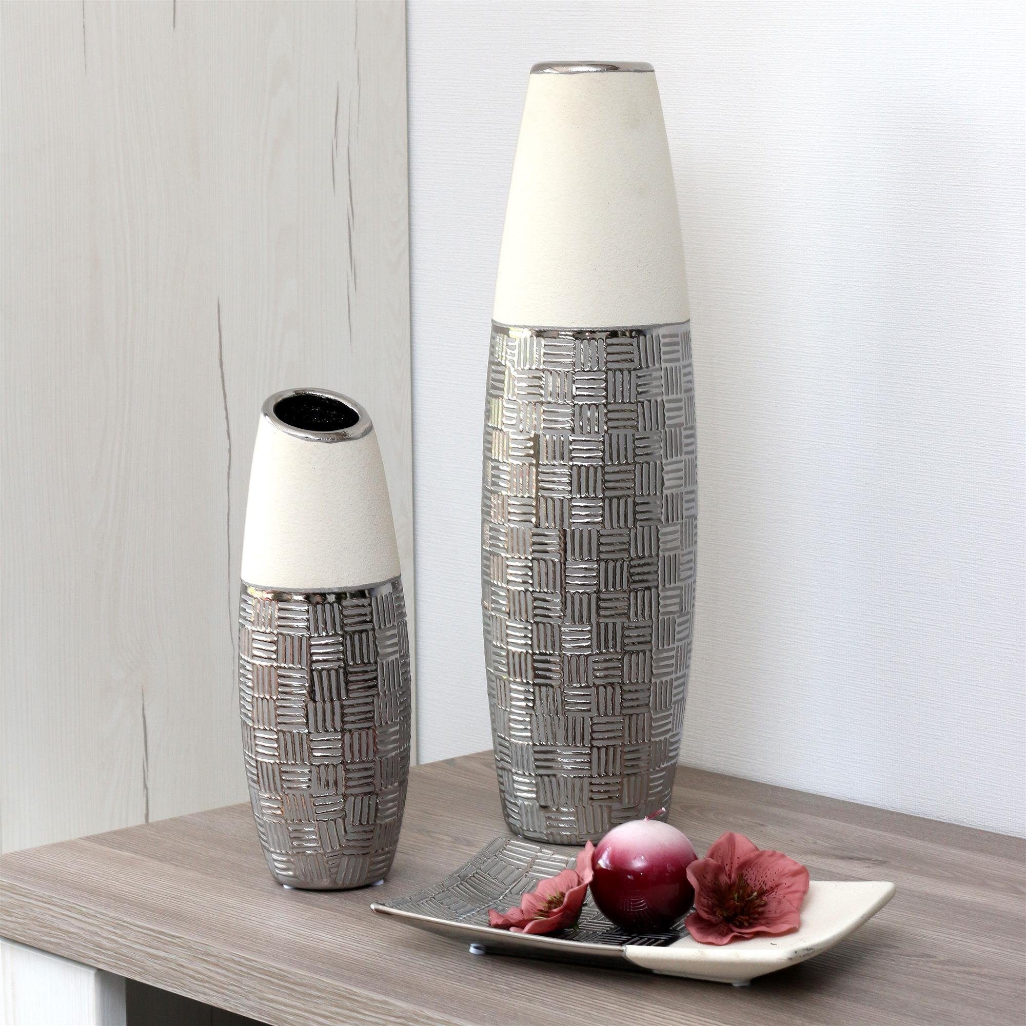in 1 Designer Dekovase silber-grau Dekohelden24 St) Deko moderne Säule Vase weiß Keramik (kein, Edle