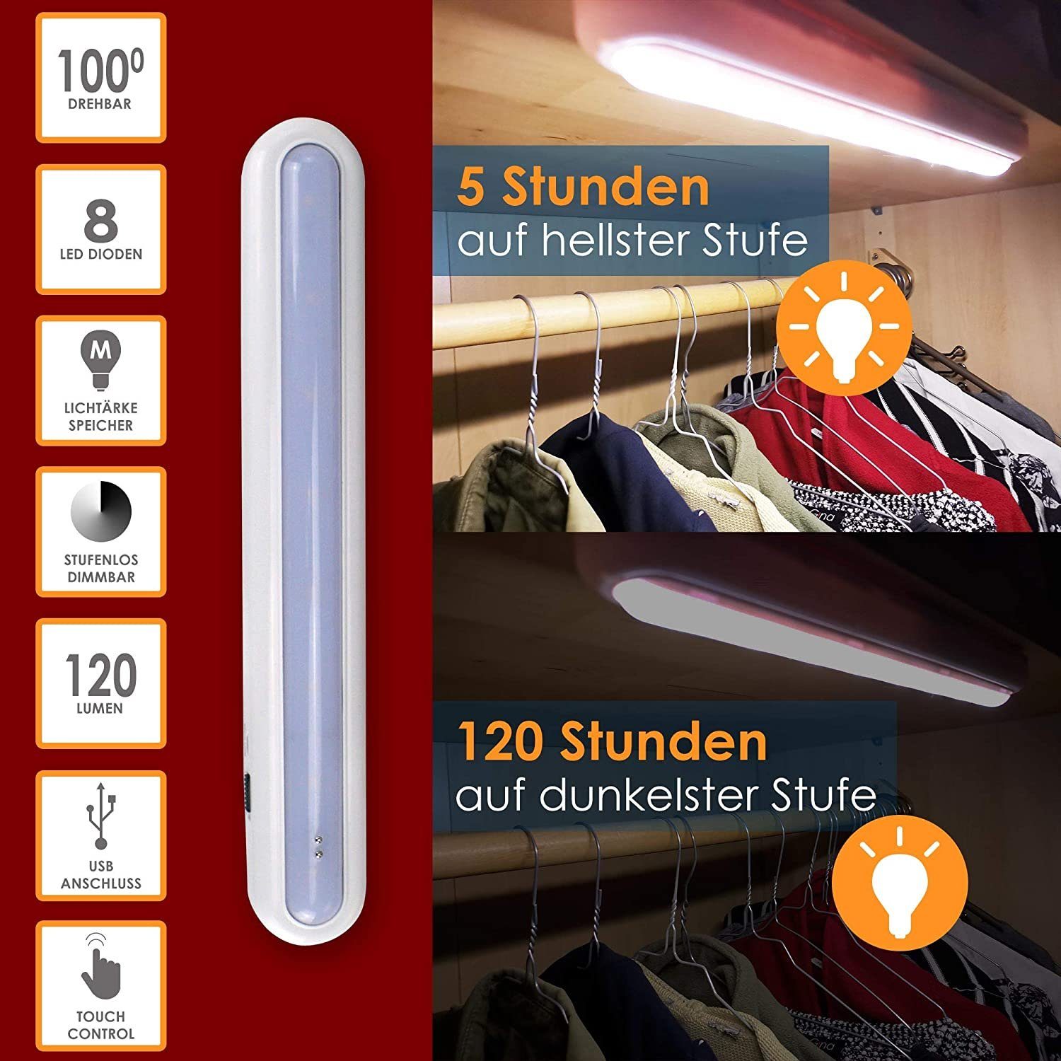 Schrankleuchte LED Touch, Schranklicht, Lichtleiste, Sensor, Schrankleuchte, dimmbar, tec Küchenlampe, Akku Schrankleuchte, Weiß Unterbauleiste, wiederaufladbar, Automatik, Unterbaulampe, Sensor,