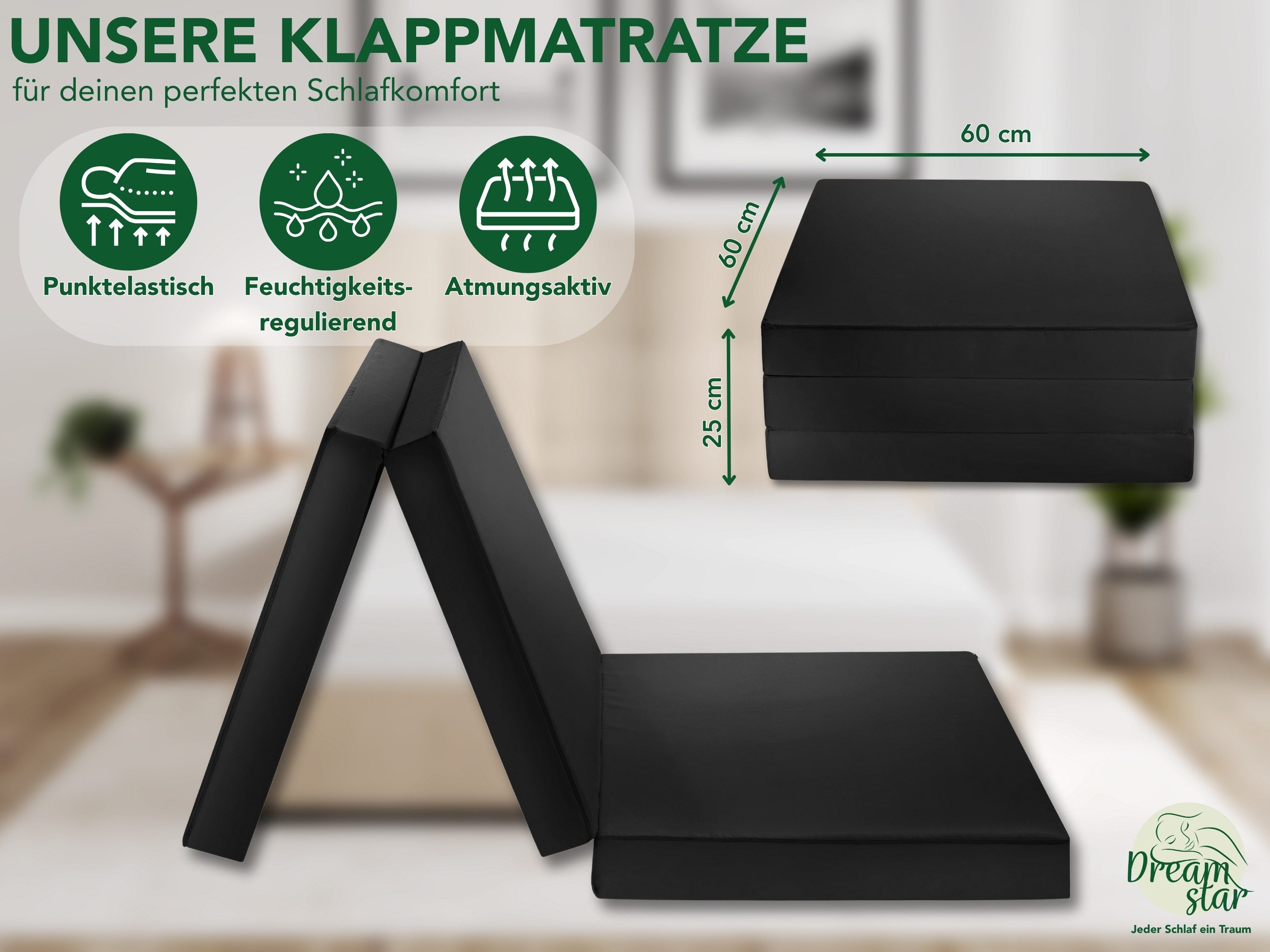Klappmatratze Faltmatratze 60x190 cm, klappbare Gästematratze, Dreamstar, 8 cm hoch, perfekt zum Campen oder als Hocker, geeignet für Hausstauballergiker