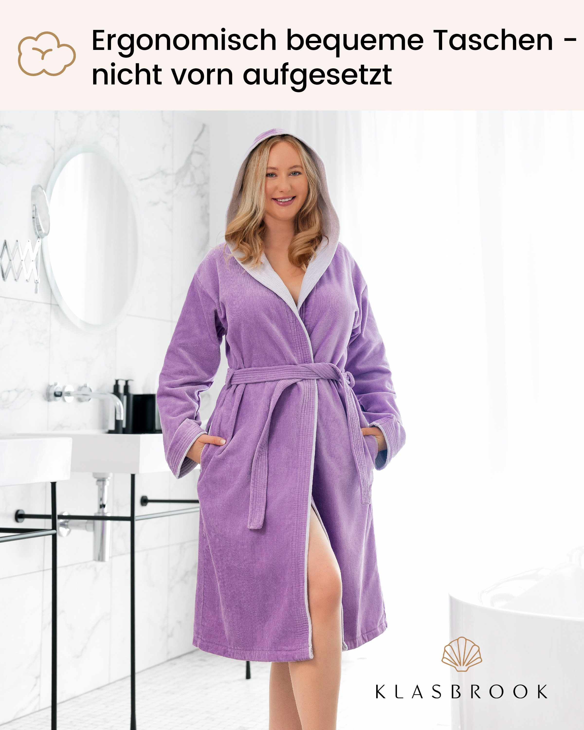 KLASBROOK Damenbademantel Lina, Kapuze, mit Kapuze aus 100% Baumwolle, Tasche mit Reißverschluss, flauschig