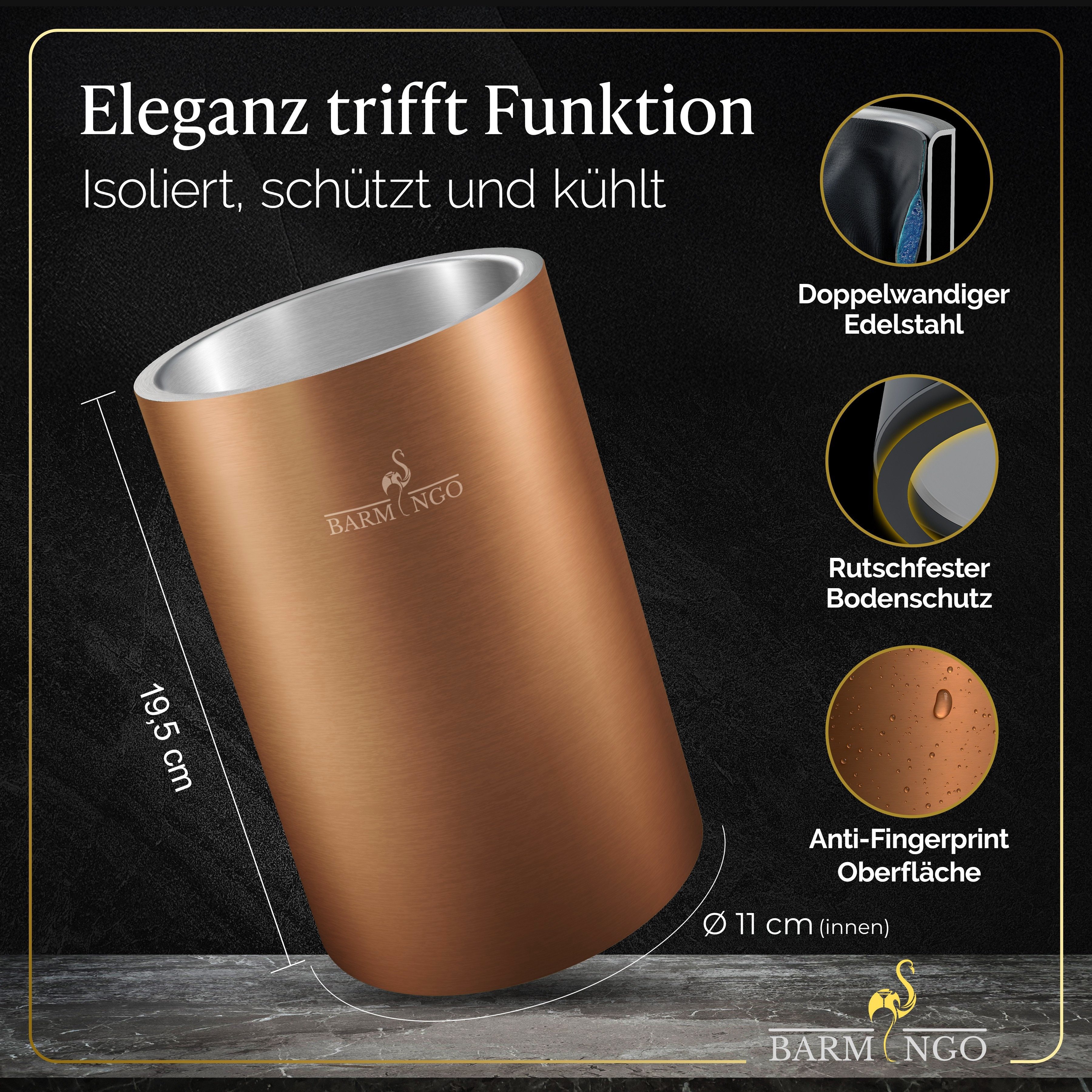 BARMINGO Wein- und Sektkühler Edelstahl mit 2 Kühlmanschetten, Weinflaschenkühler & Getränkekühler, doppelwandiger Flaschenkühler für Wein, Sekt & Champagner – Bild 3 von 5