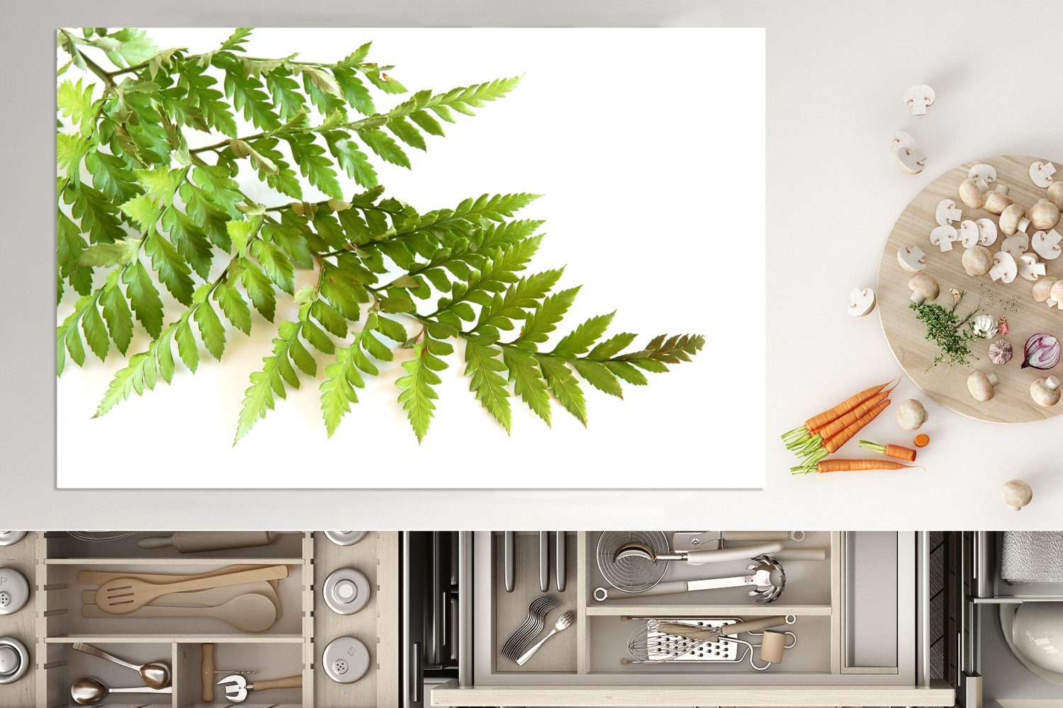 MuchoWow Herdblende-/Abdeckplatte 81x52 küche, Vinyl, Schutz Farns vor die einem für eines Blätter Ceranfeldabdeckung Hintergrund, Induktionskochfeld cm, weißen tlg), (1 Grüne