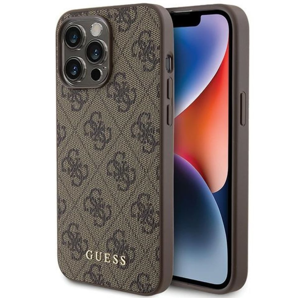 Guess Handyhülle Case iPhone 15 Pro Max Kunstleder braun mit goldfarbenen Logo 6,7 Zoll, Kantenschutz