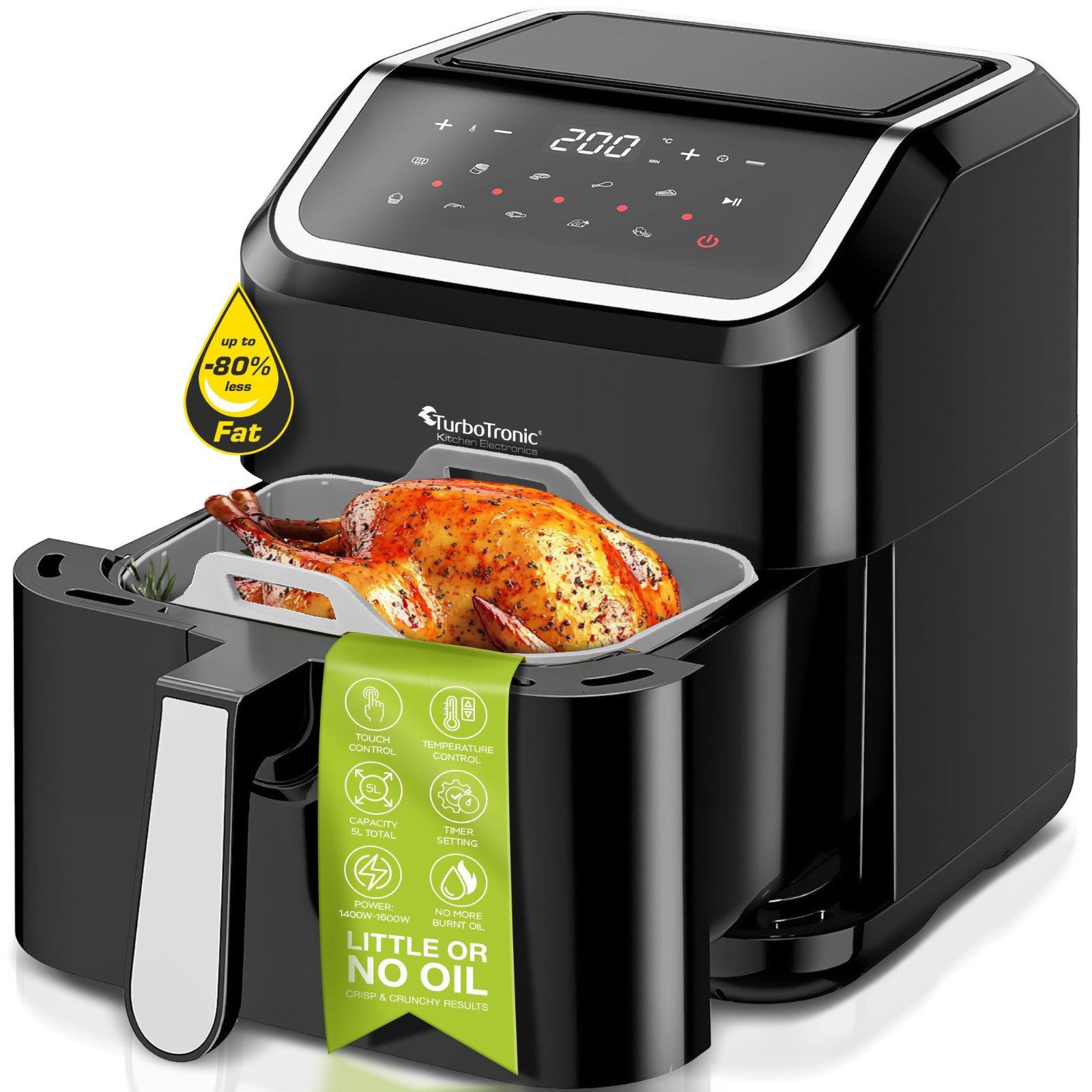 TurboTronic by Z-Line Heißluftfritteuse XL 5L für 0,5 kg perfekte Pommes mit Silikoneinlage 1600W Airfryer, 1600 W, gesundes Kochen Air Friteuse ohne Fett Öl Grill Braten