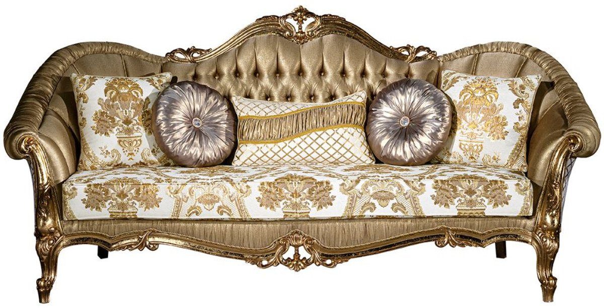 Casa Padrino Sofa Luxus Barock Sofa Gold / Weiß 256 x 87 x H. 120 cm - Prunkvolles Wohnzimmer Sofa mit dekorativen Kissen - Wohnzimmer Möbel im Barockstil