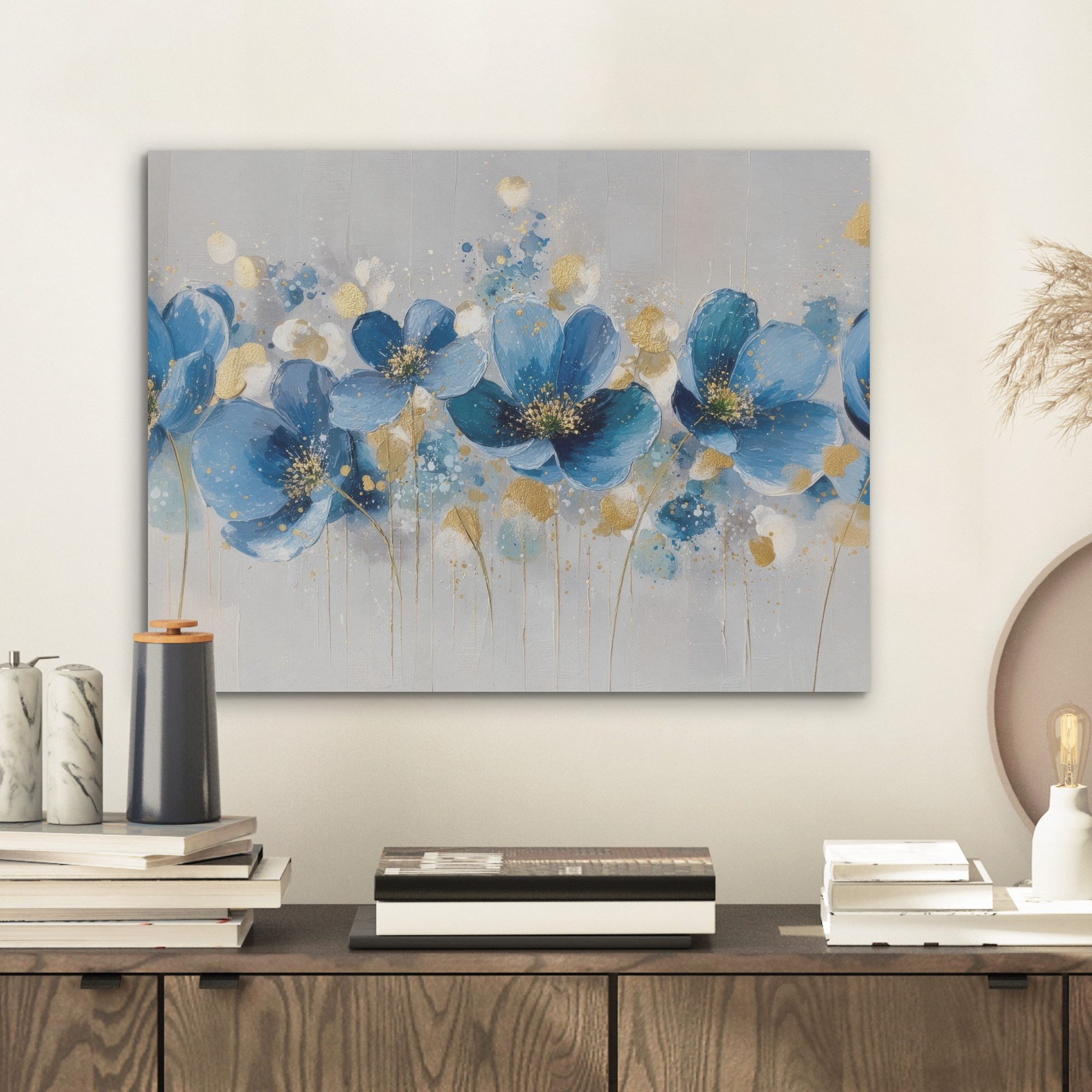 MuchoWow Gemälde Blumen - Blau - Abstrakt, Fotodruck (1 St), Akustikpaneele PET-Filz, Akustikbild, Schalldämmung, Deko 40x30 cm