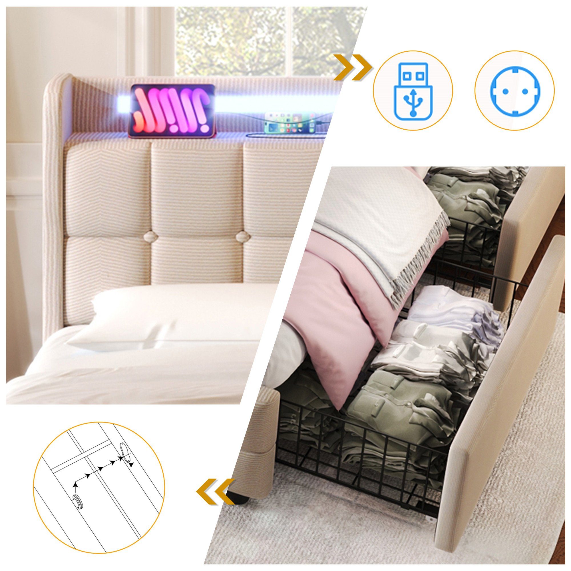 REDOM Polsterbett (mit aufladen USB Ladefunktion LED-Beleuchtung und 4 Schu günstig online kaufen